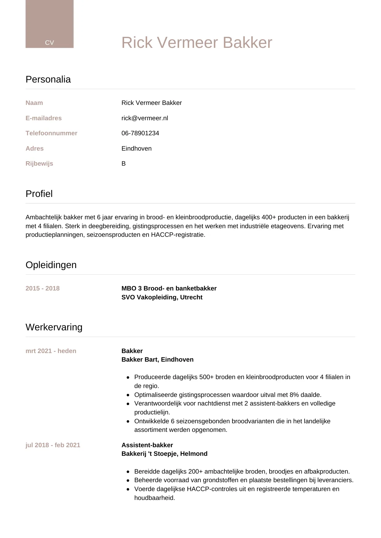 CV Luxe voor bakker