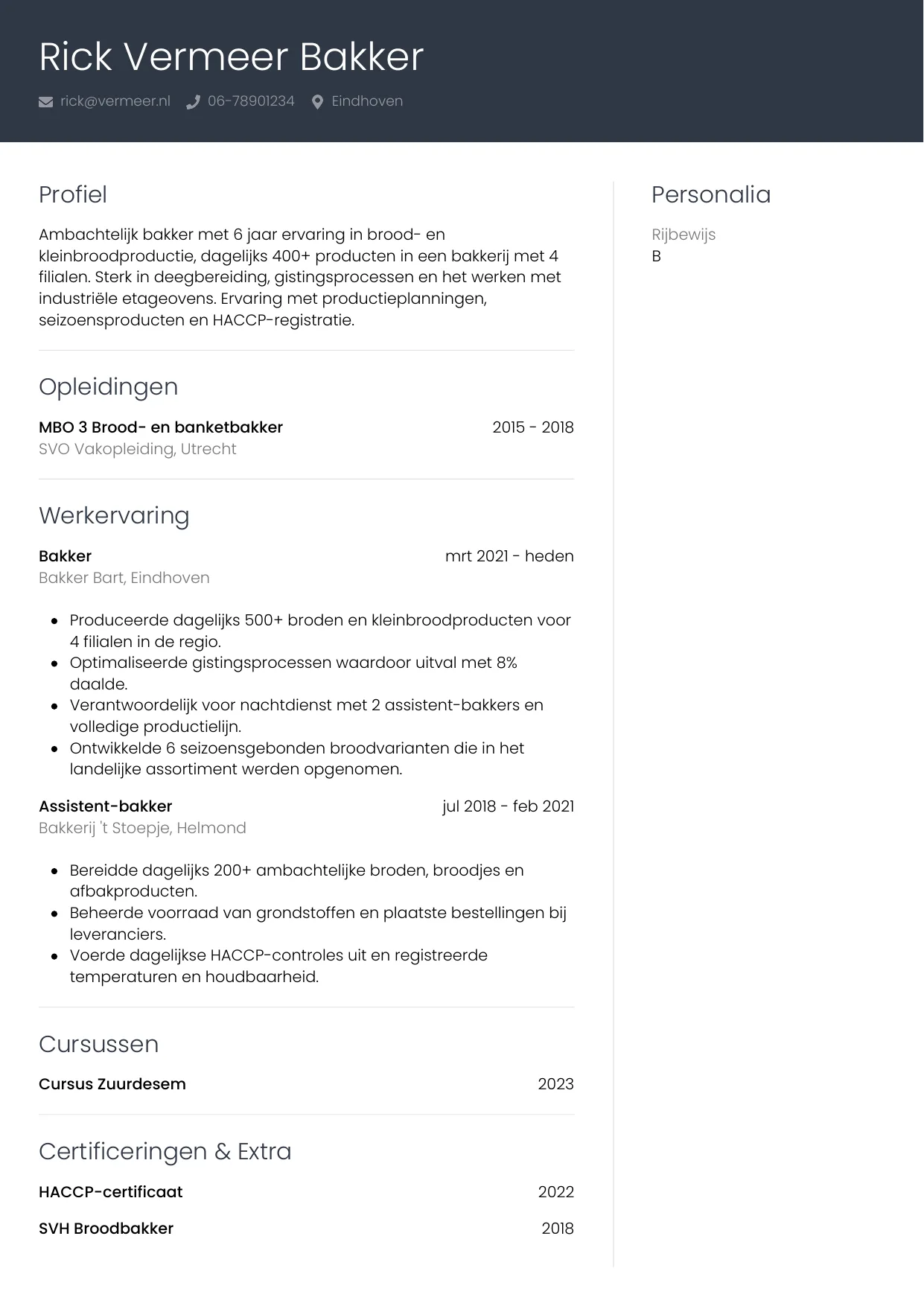 CV Professioneel voor bakker