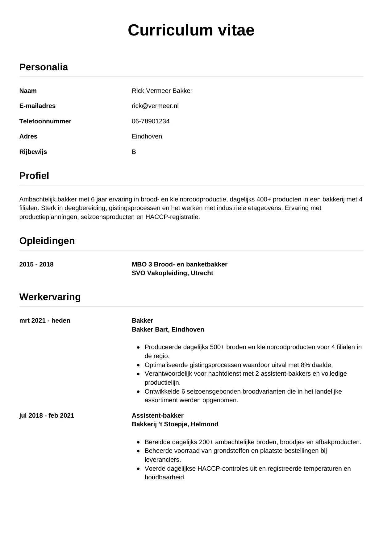 CV Simpel voor bakker