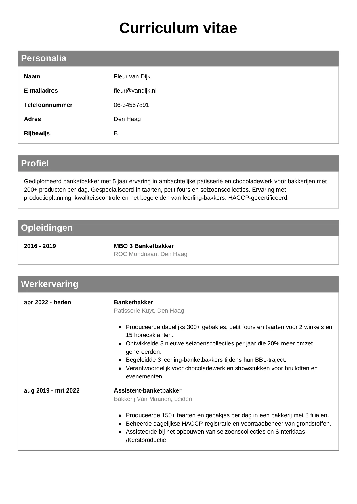 CV Klassiek voor banketbakker