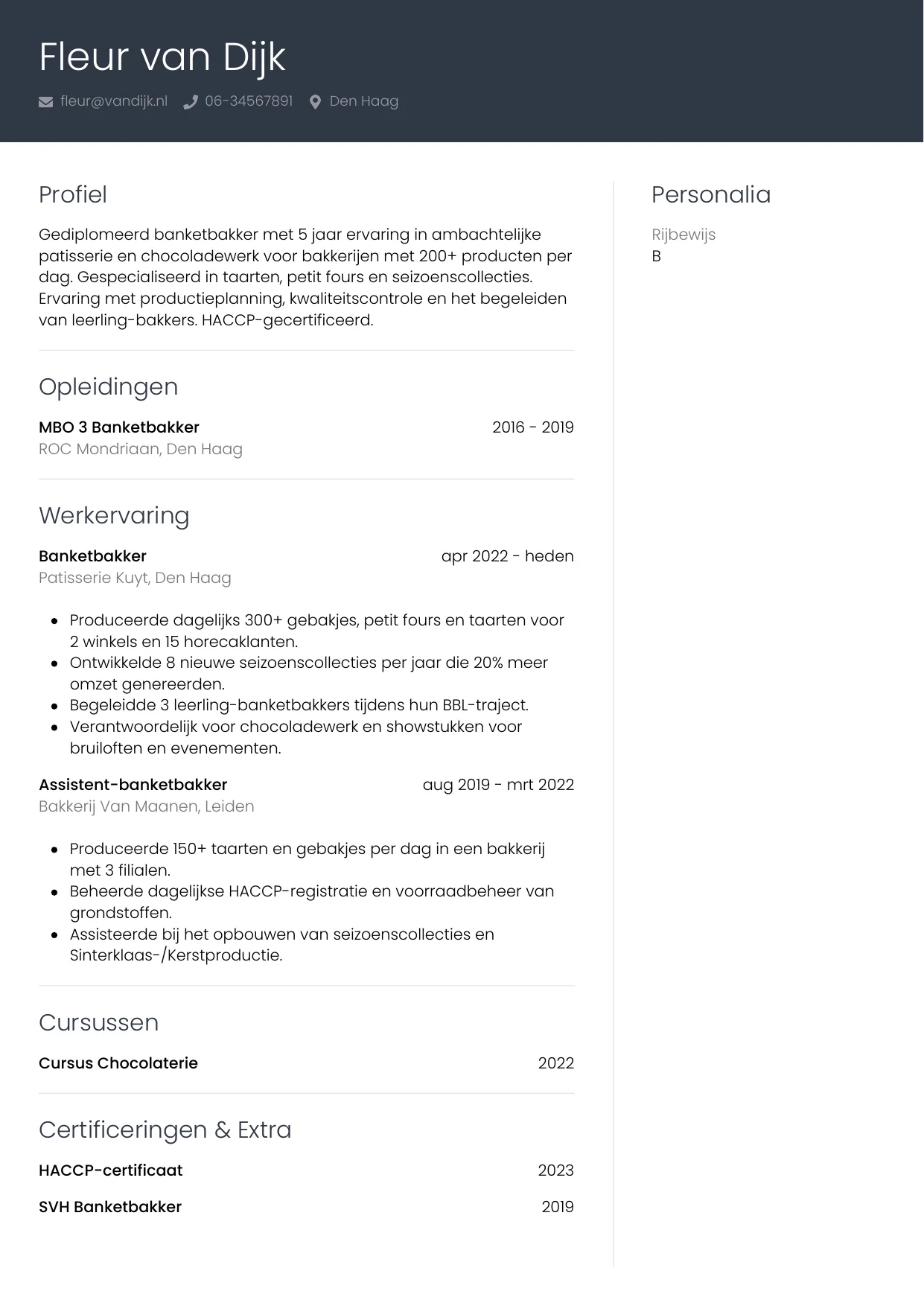 CV Professioneel voor banketbakker