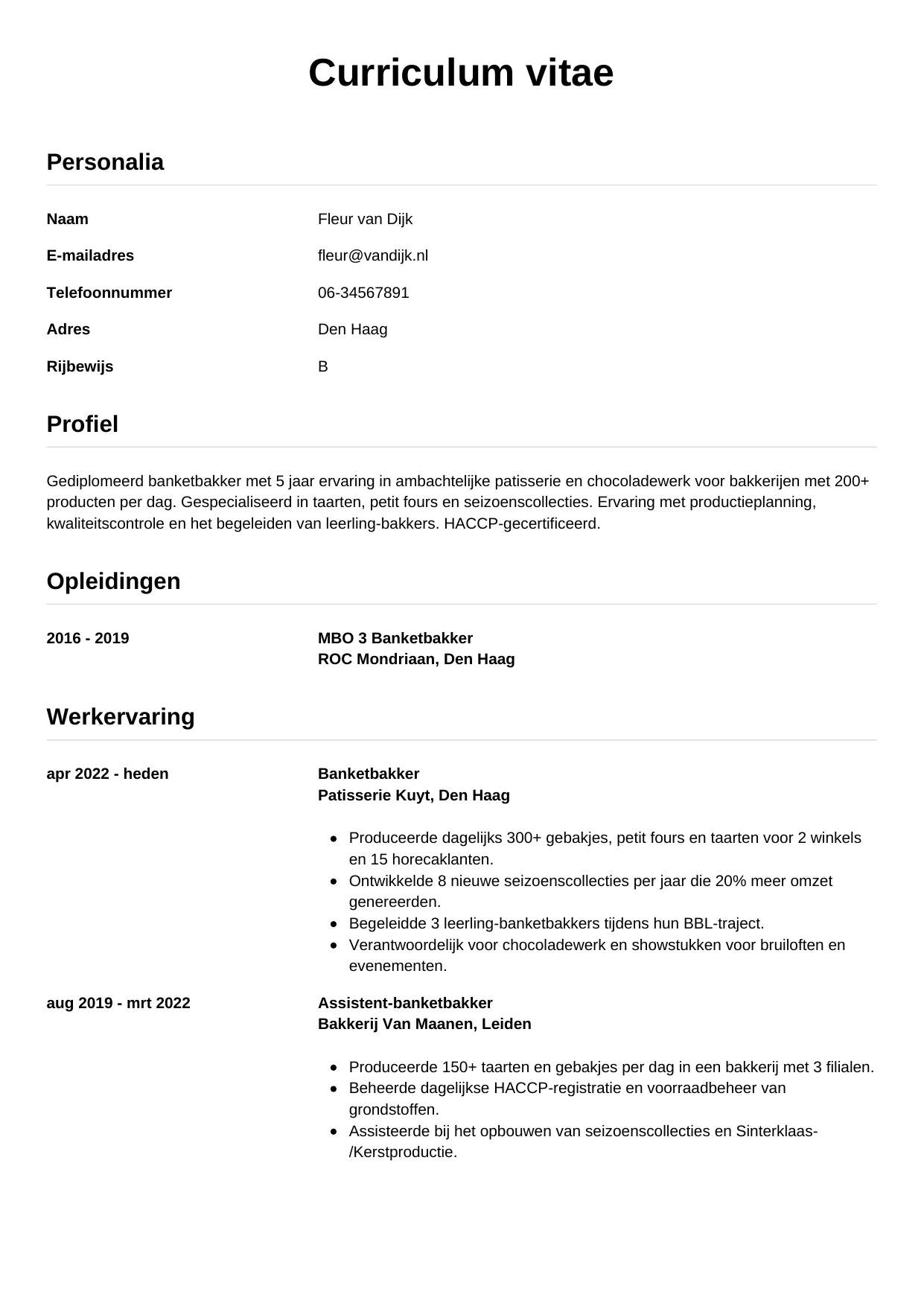 CV Simpel voor banketbakker