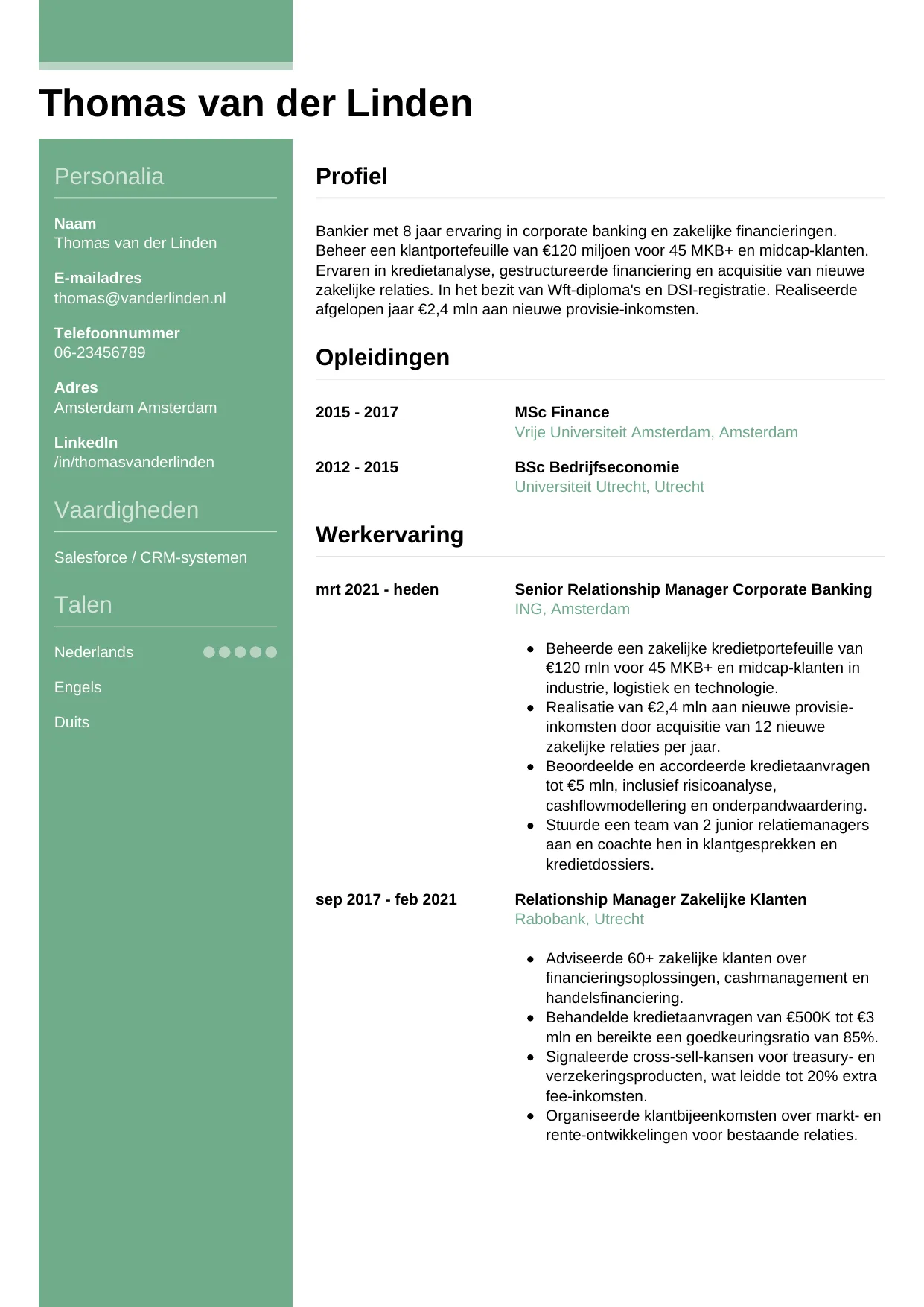 Voorbeeld CV voor bankier in template Casual. CV Casual voor bankier