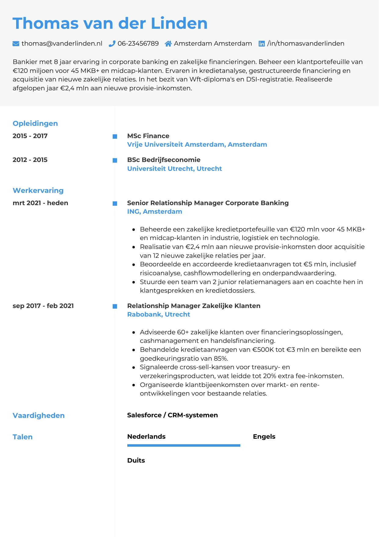 Voorbeeld CV voor bankier in template Chrono. CV Chrono voor bankier