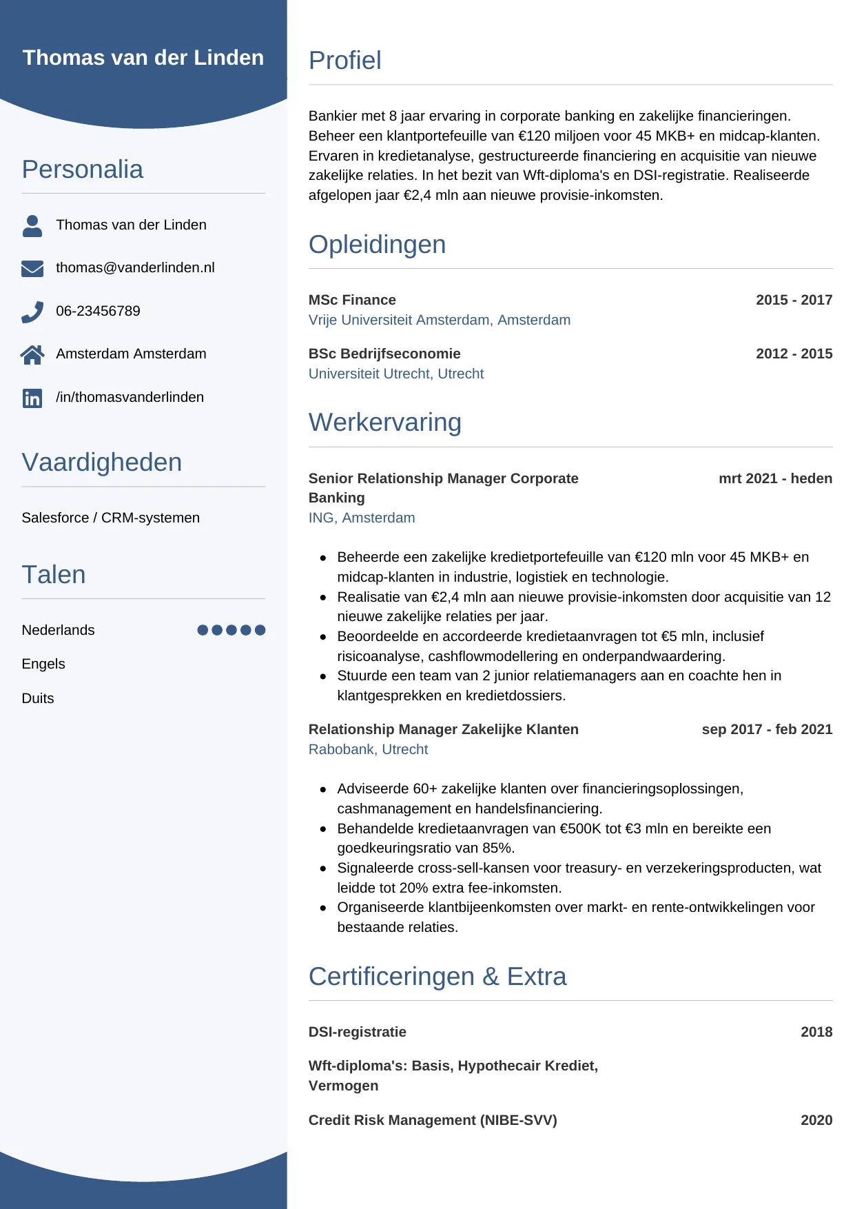 Voorbeeld CV voor bankier in template Circulair. CV Circulair voor bankier