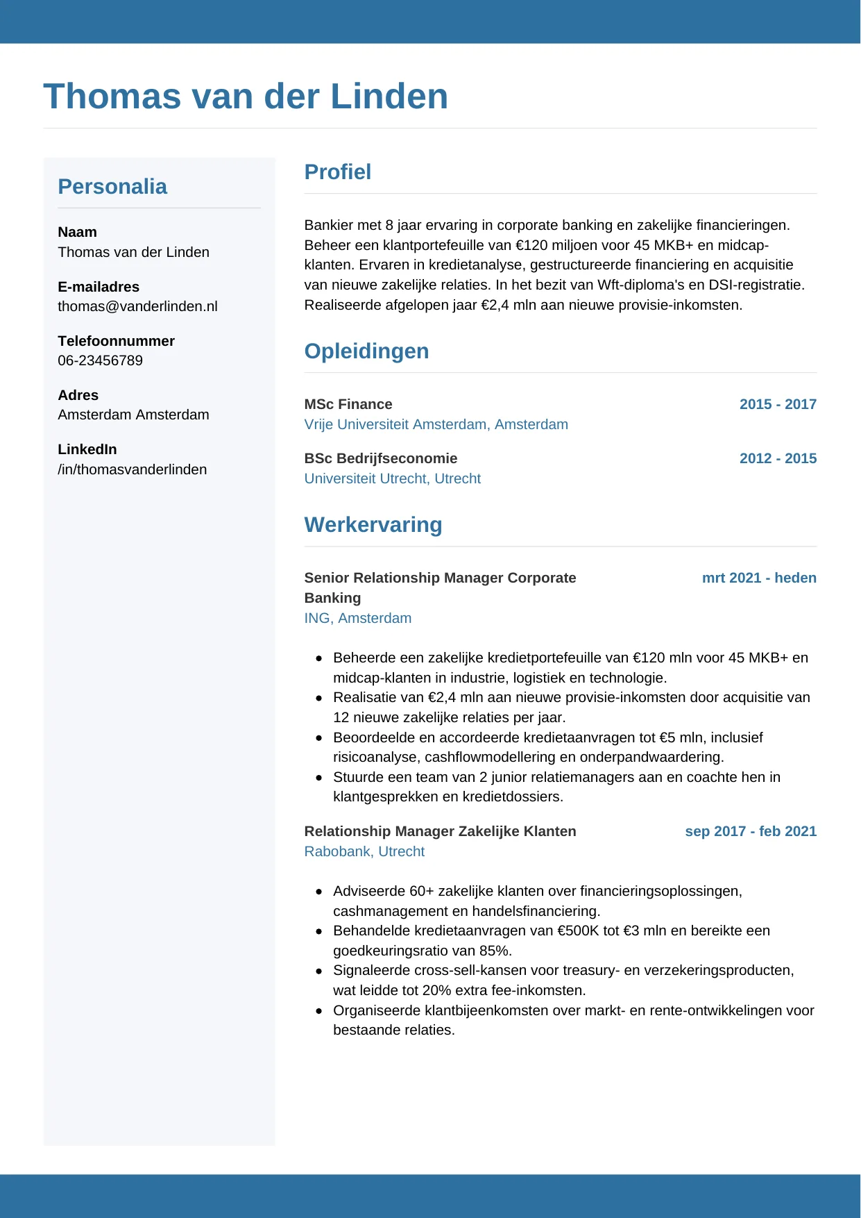 Voorbeeld CV voor bankier in template Horizontaal. CV Horizontaal voor bankier