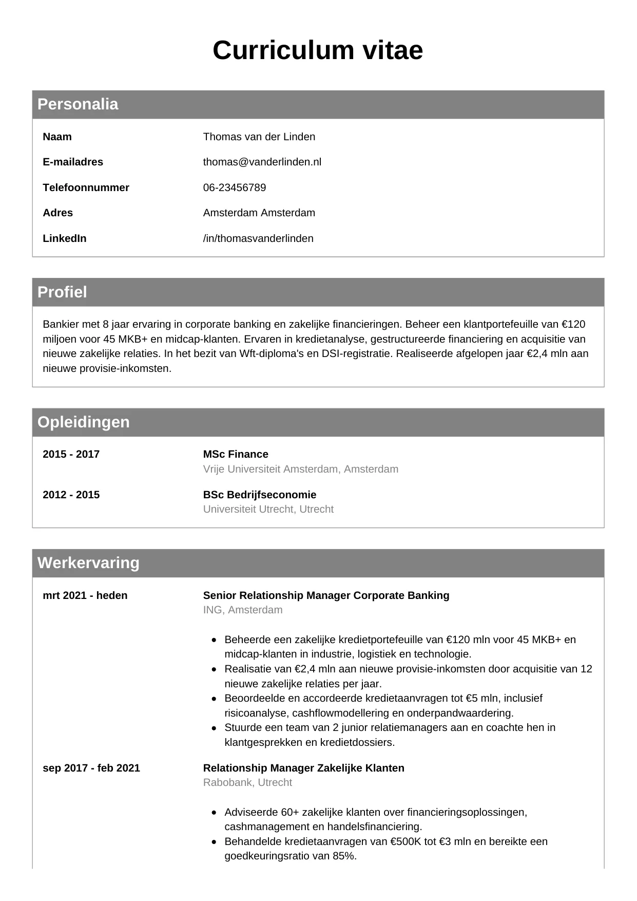 Voorbeeld CV voor bankier in template Klassiek. CV Klassiek voor bankier
