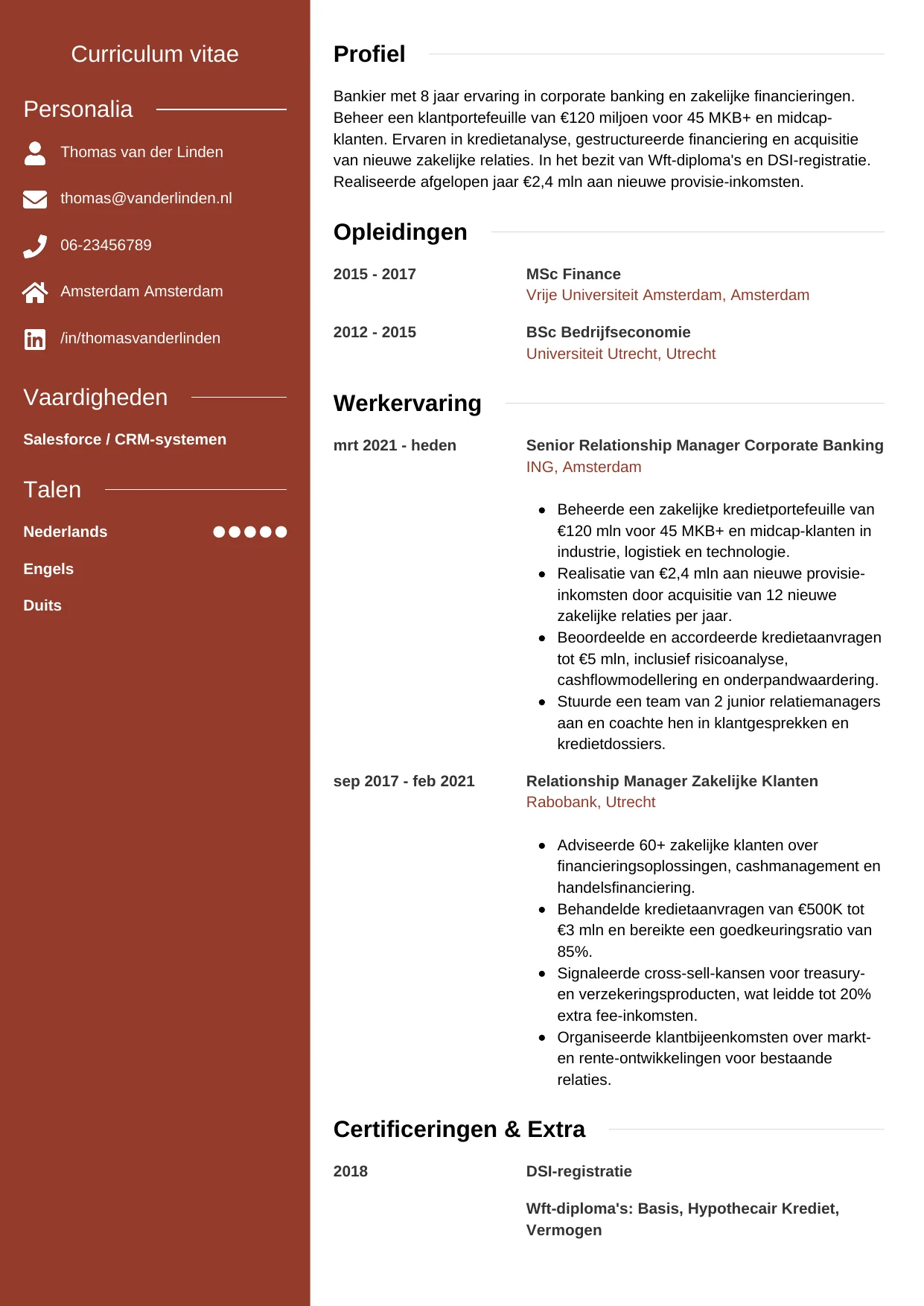 Voorbeeld CV voor bankier in template Modern. CV Modern voor bankier