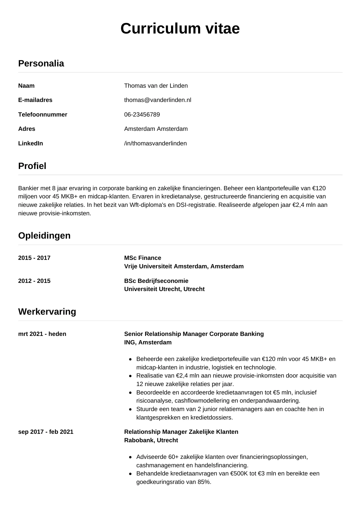 Voorbeeld CV voor bankier in template Simpel. CV Simpel voor bankier