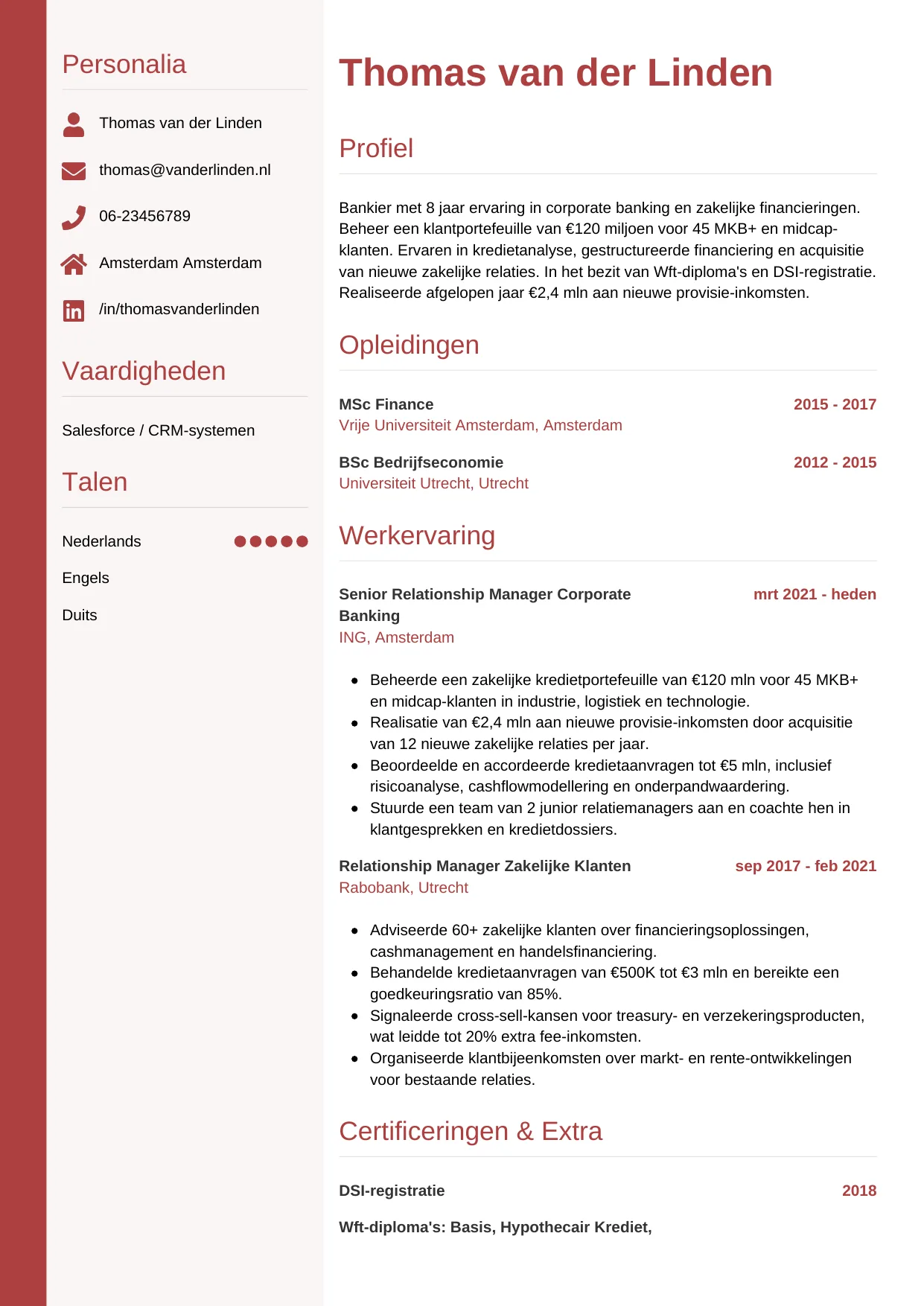 Voorbeeld CV voor bankier in template Verticaal. CV Verticaal voor bankier
