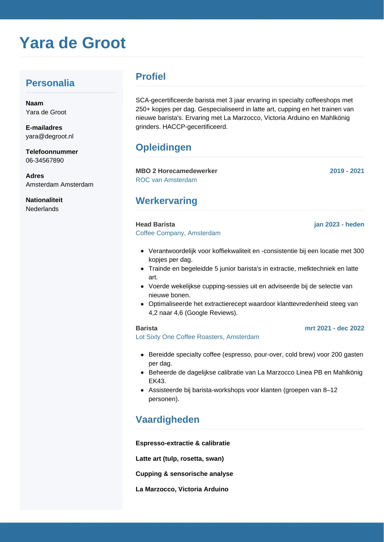 CV Horizontaal voor barista