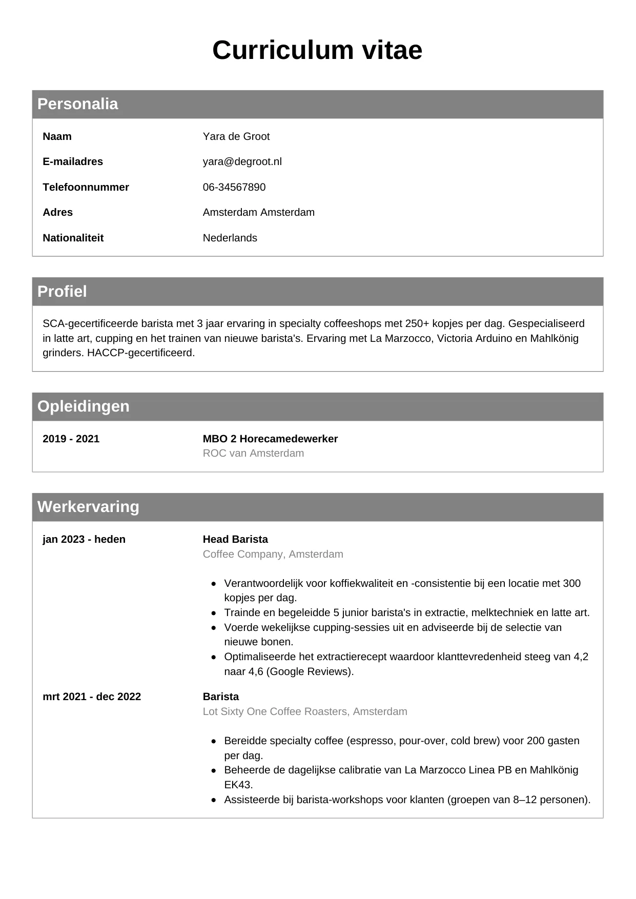 CV Klassiek voor barista