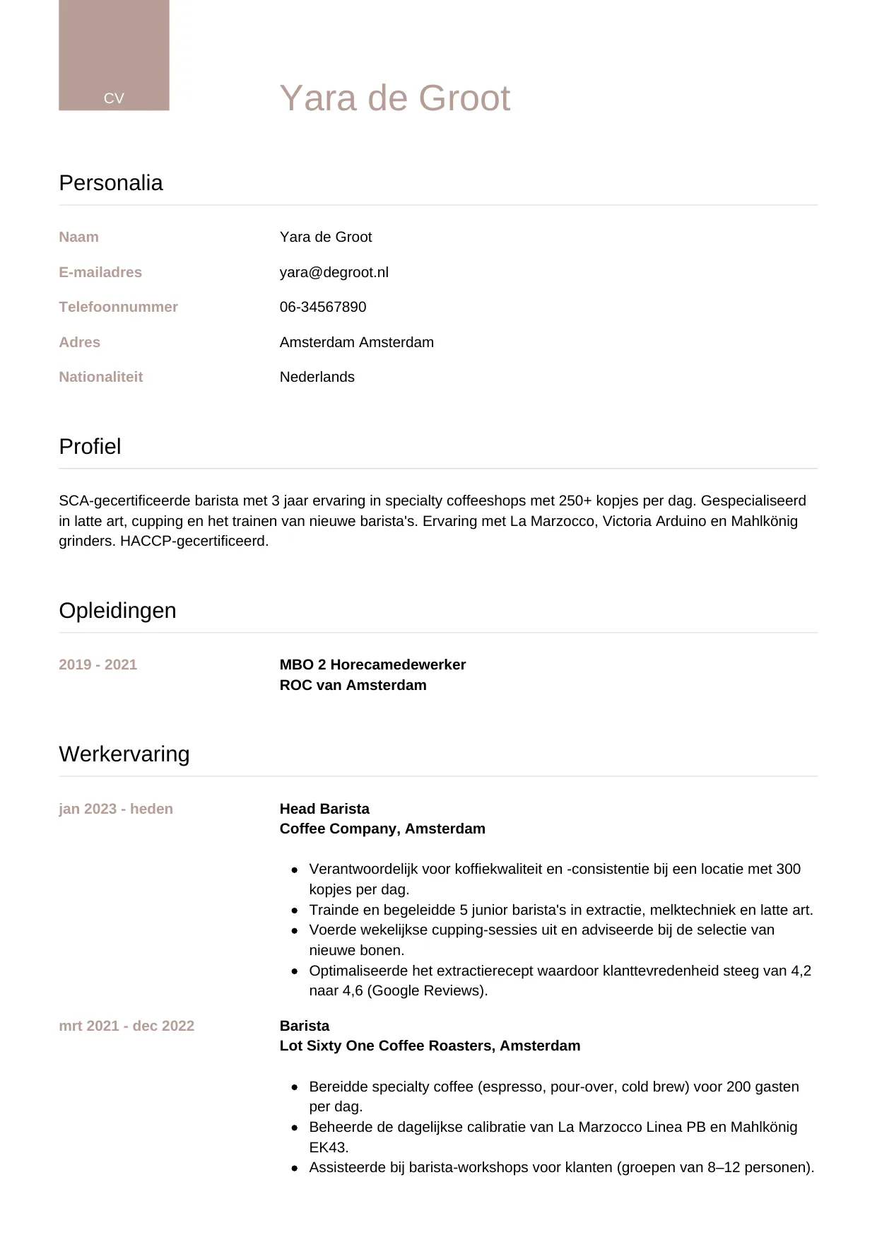 CV Luxe voor barista