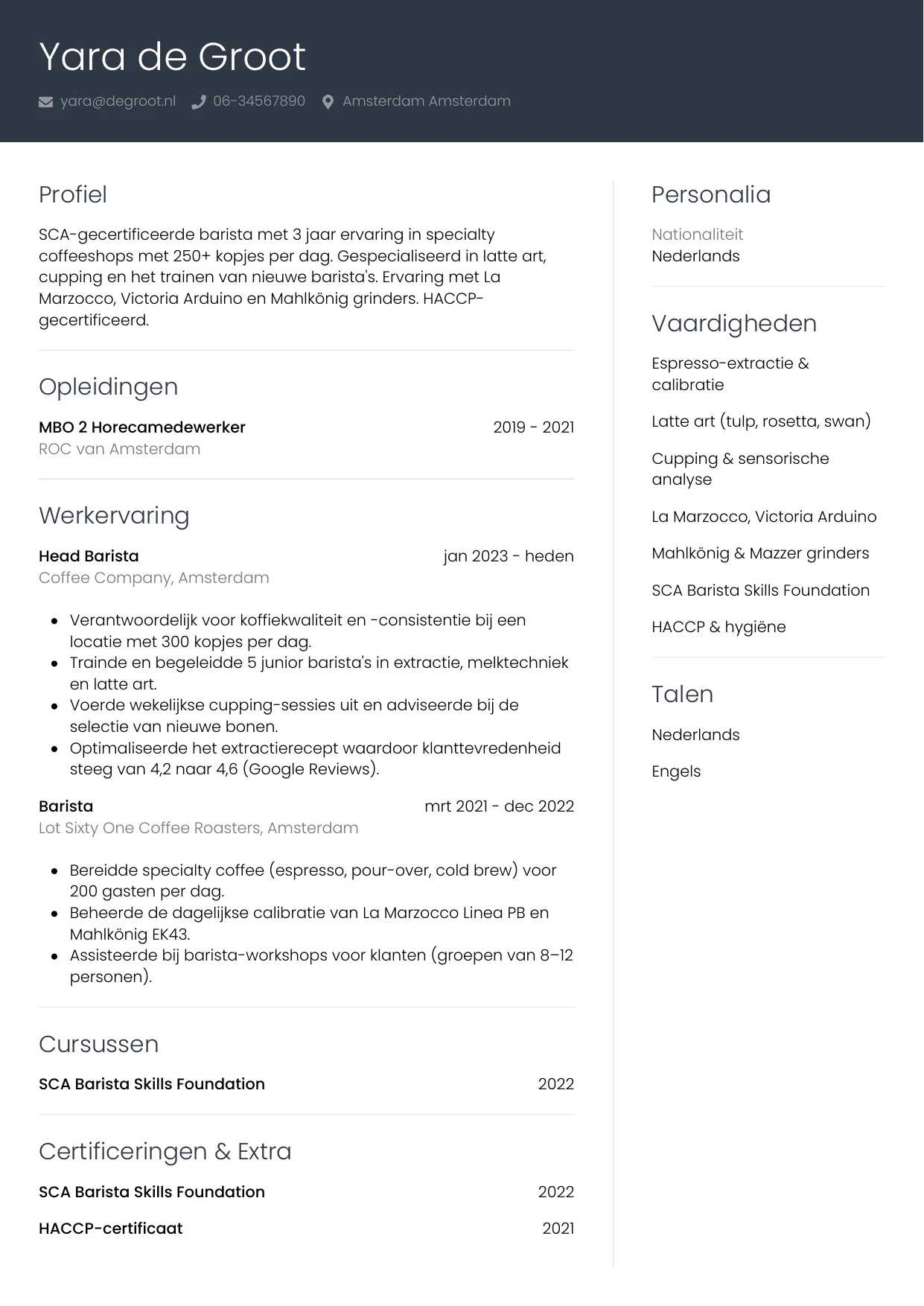 CV Professioneel voor barista