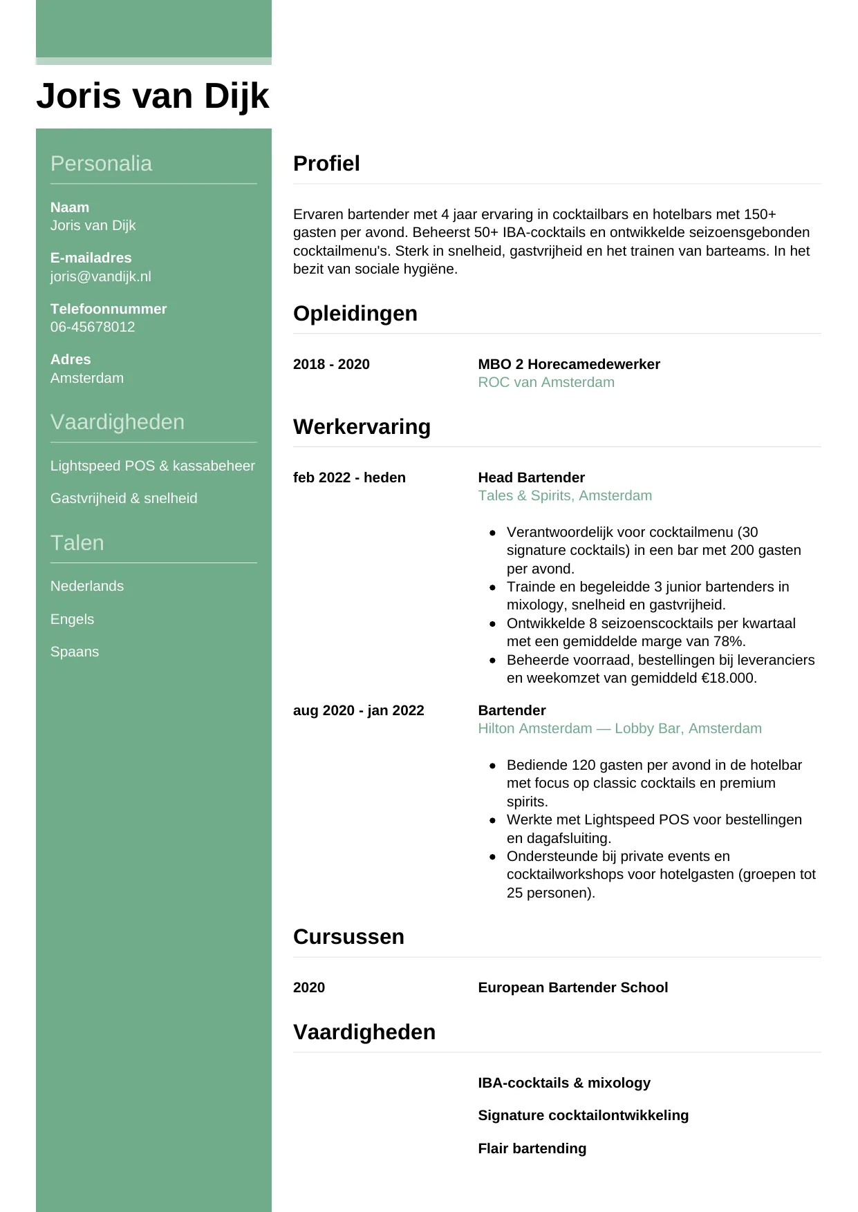CV Casual voor bartender