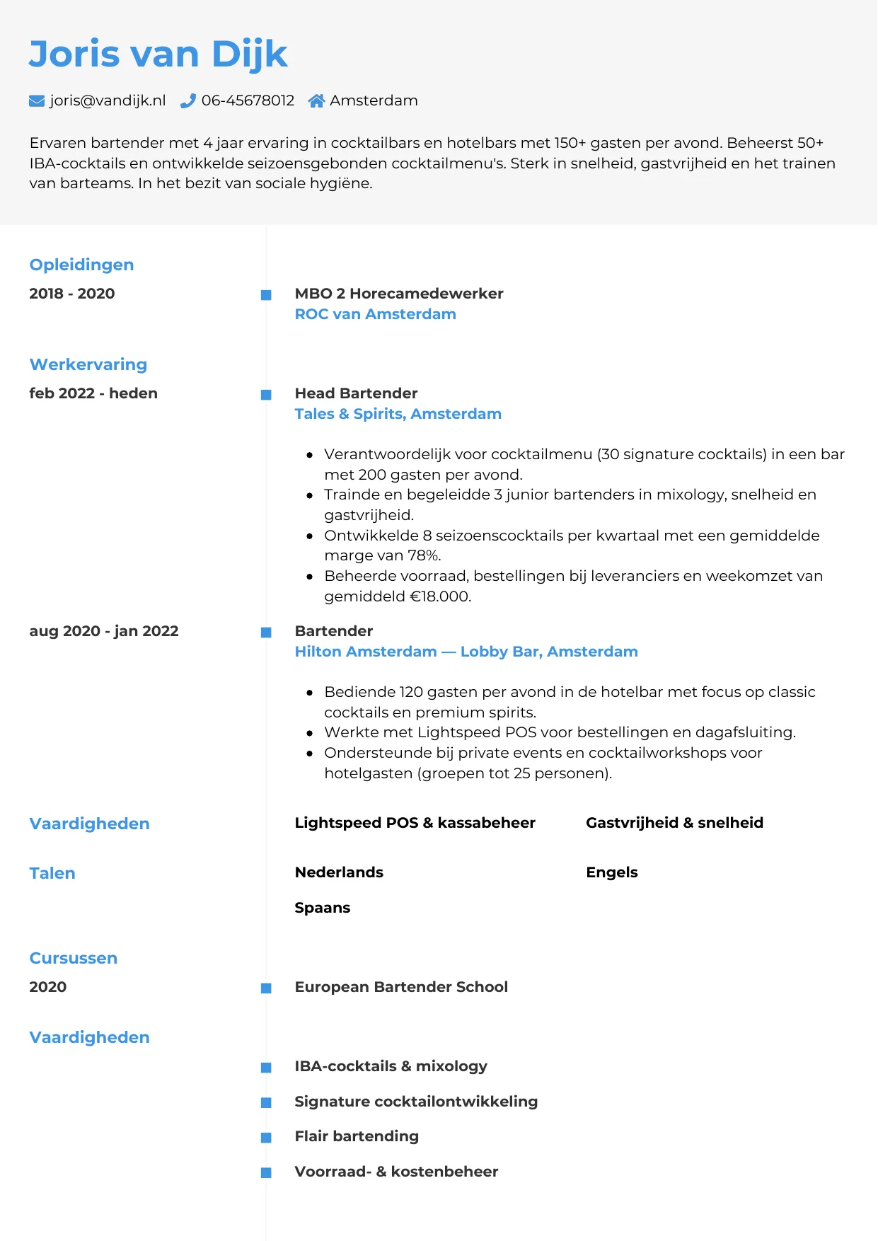 CV Chrono voor bartender