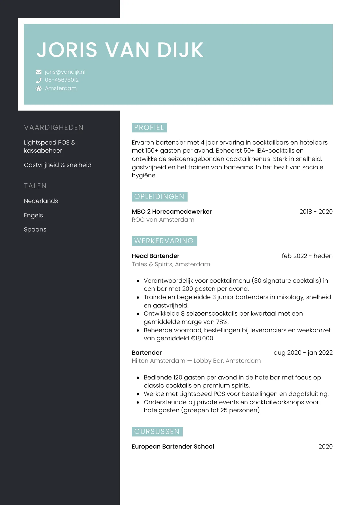 CV Elegant voor bartender