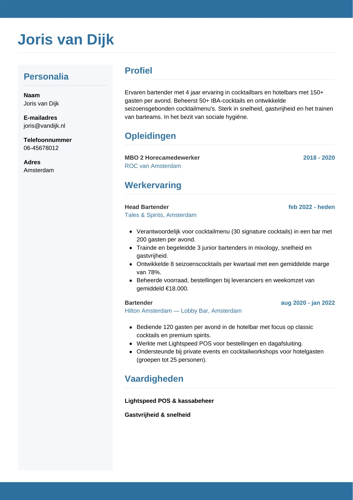 CV Horizontaal voor bartender