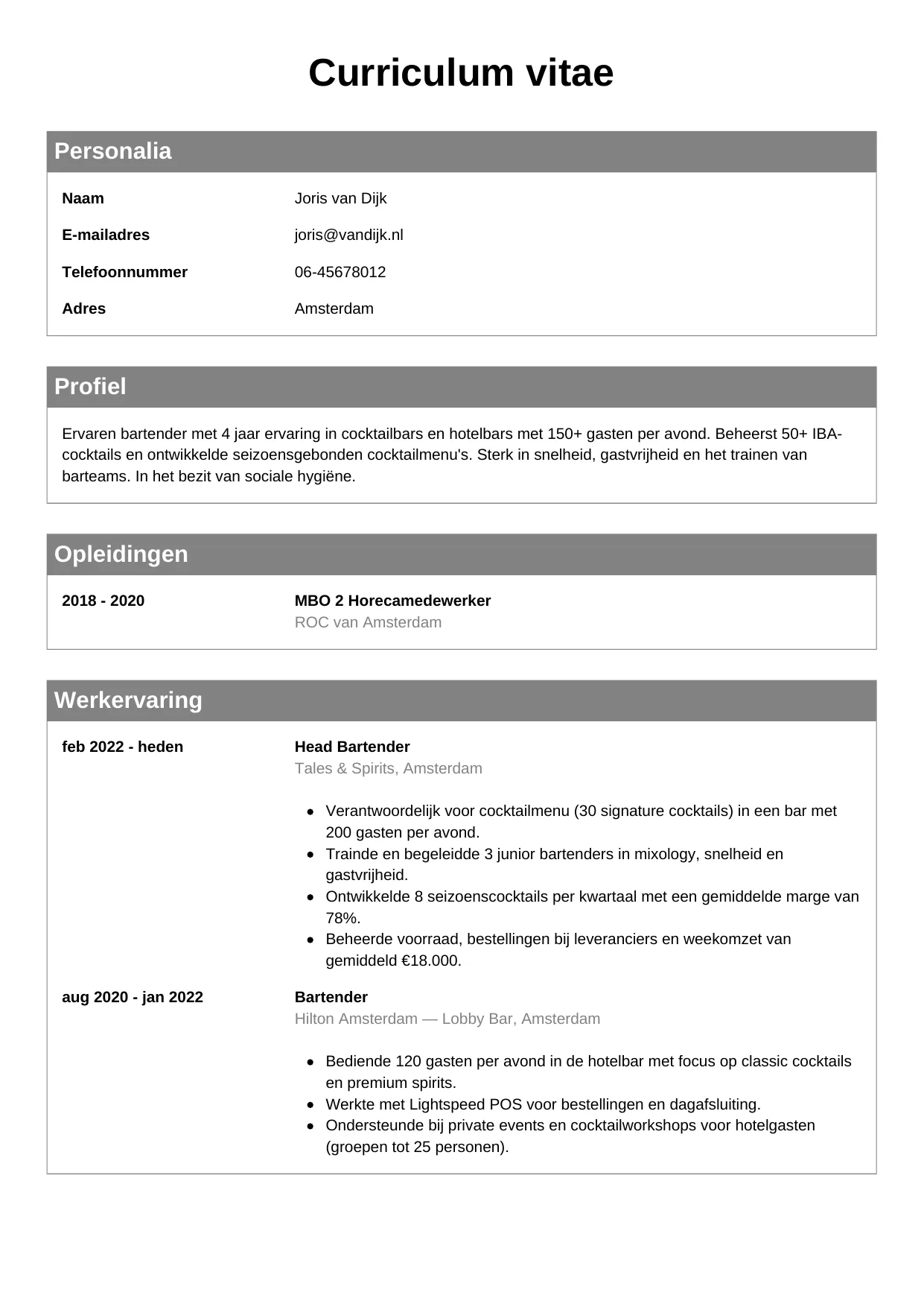 CV Klassiek voor bartender