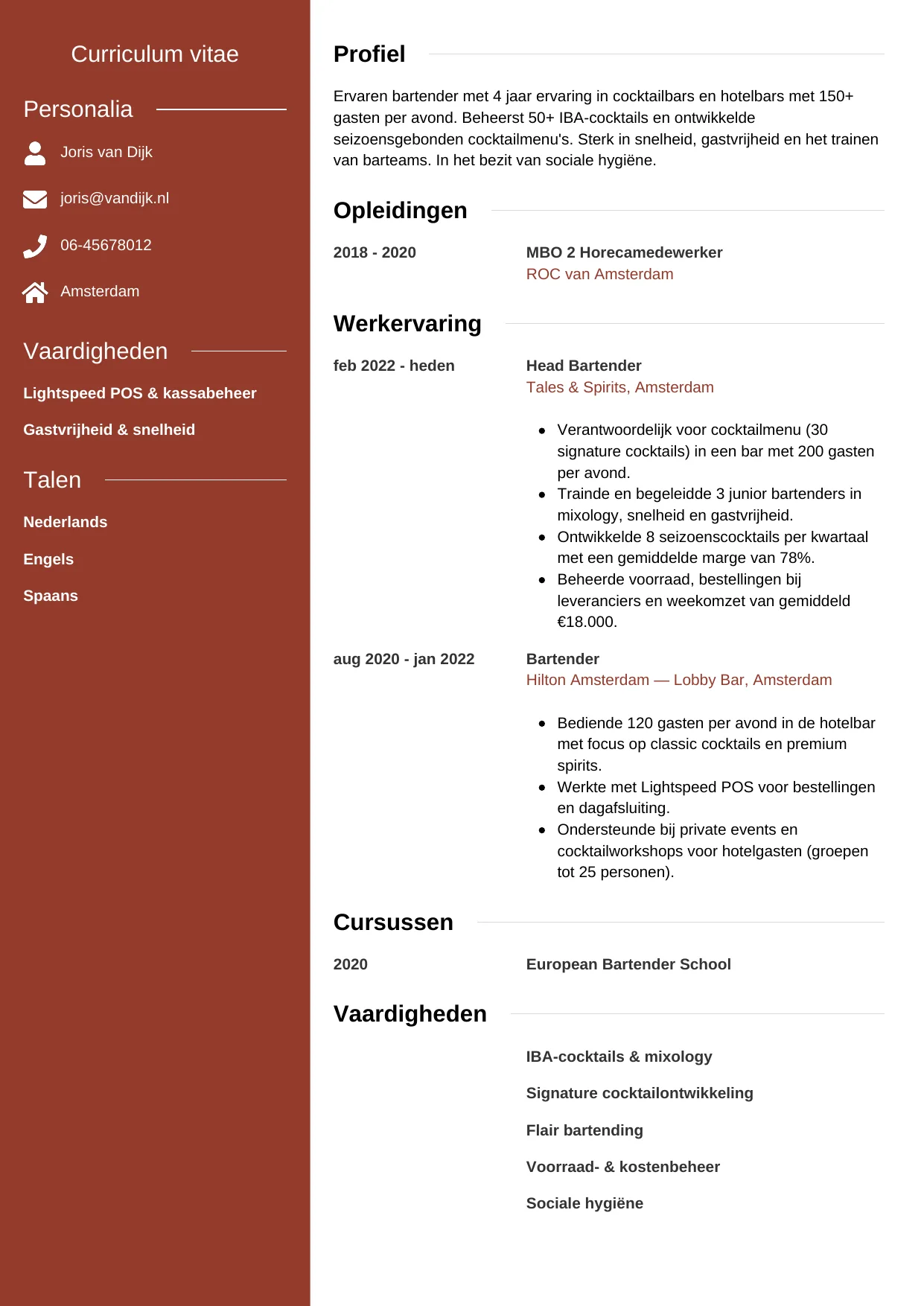 CV Modern voor bartender