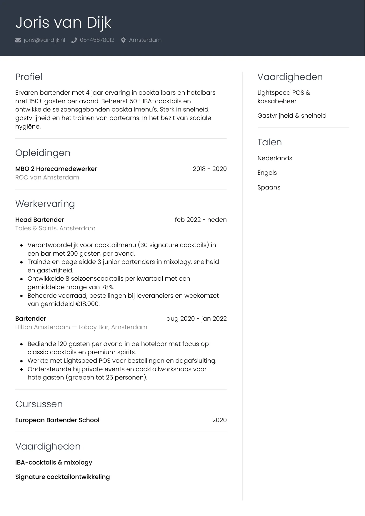 CV Professioneel voor bartender
