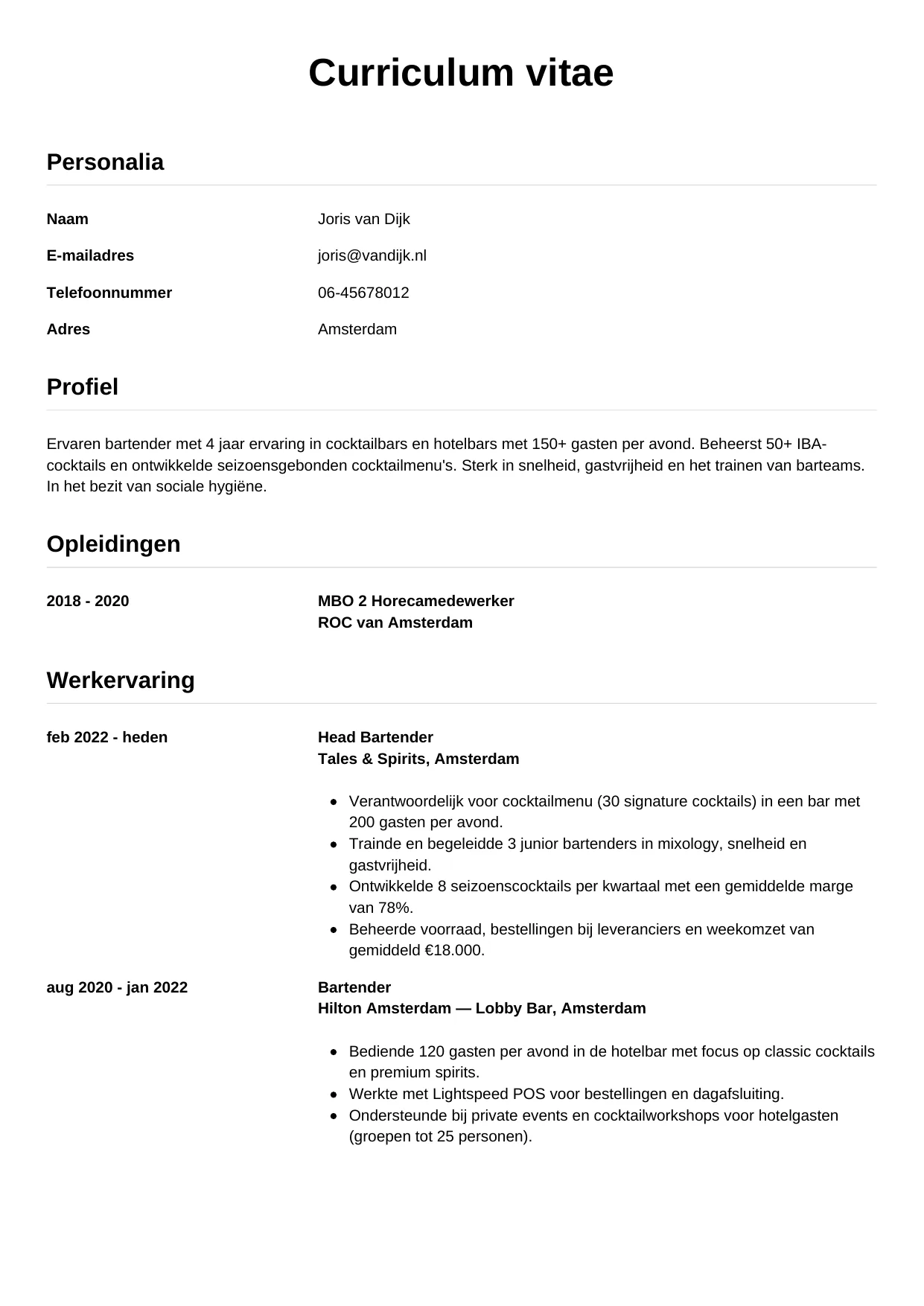 CV Simpel voor bartender