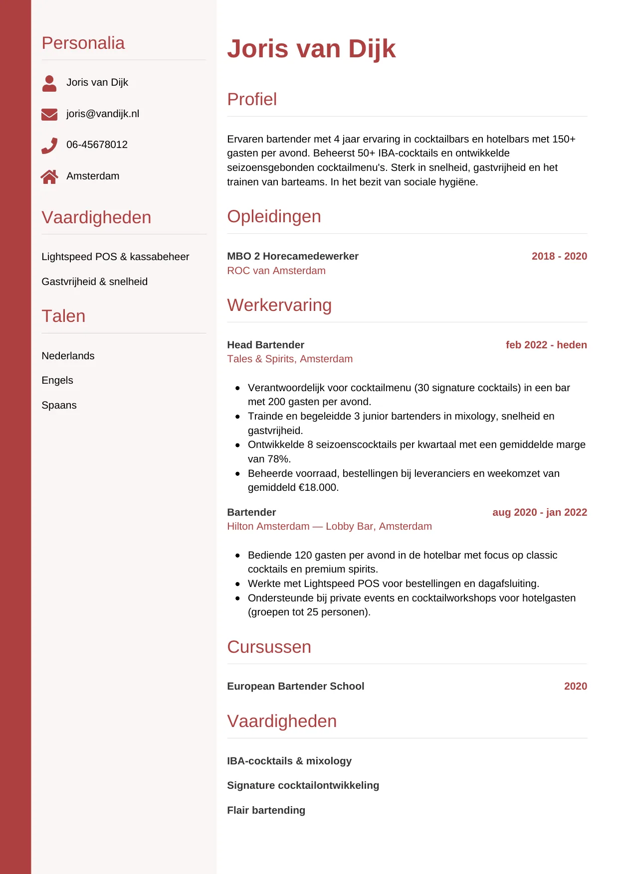 CV Verticaal voor bartender
