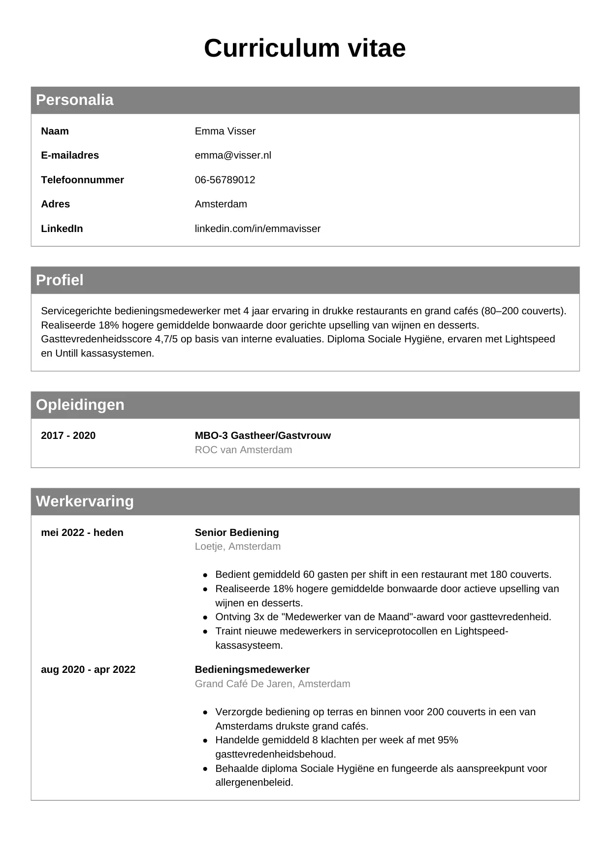 CV Klassiek voor bediening