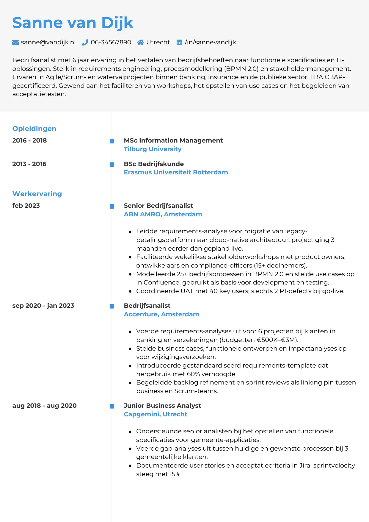 Voorbeeld CV voor bedrijfsanalist in template Chrono. CV Chrono voor bedrijfsanalist