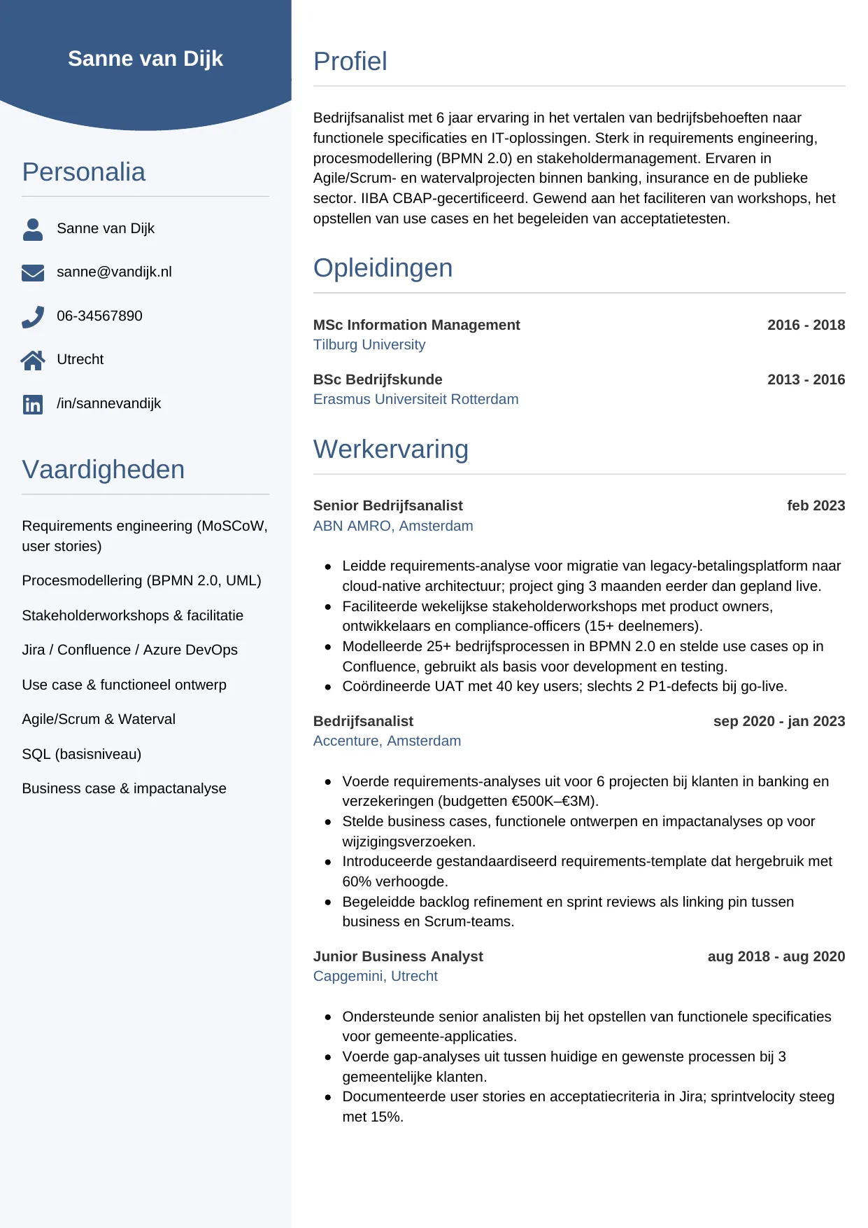 Voorbeeld CV voor bedrijfsanalist in template Circulair. CV Circulair voor bedrijfsanalist