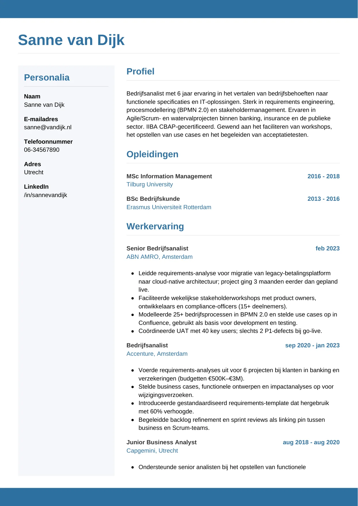Voorbeeld CV voor bedrijfsanalist in template Horizontaal. CV Horizontaal voor bedrijfsanalist