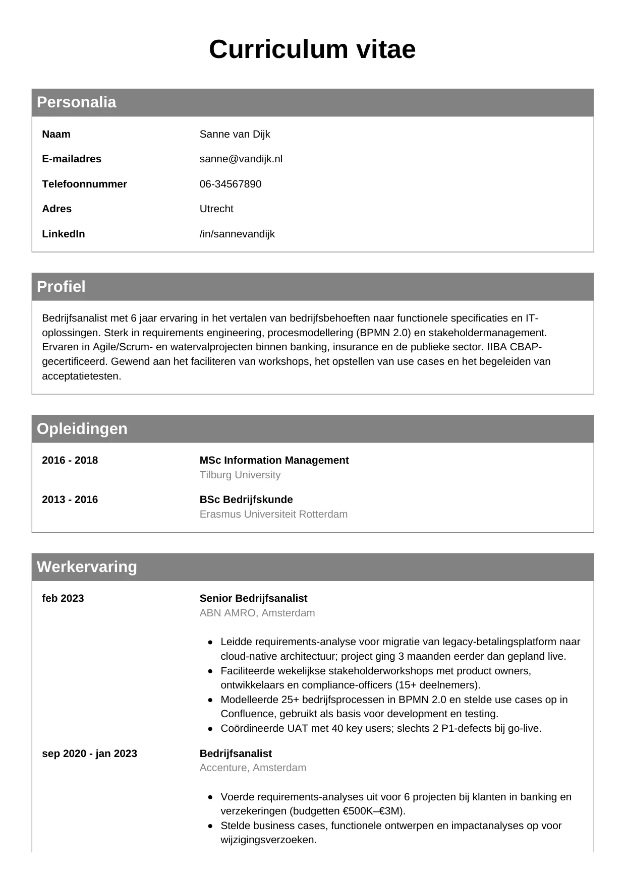 Voorbeeld CV voor bedrijfsanalist in template Klassiek. CV Klassiek voor bedrijfsanalist
