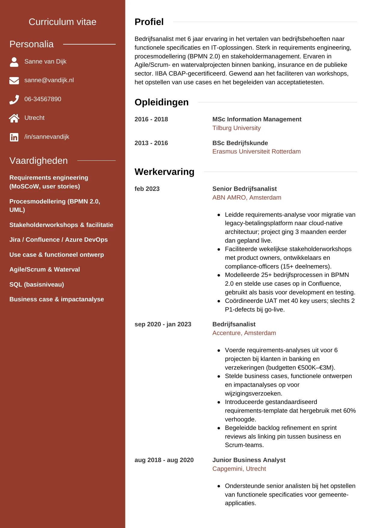 Voorbeeld CV voor bedrijfsanalist in template Modern. CV Modern voor bedrijfsanalist