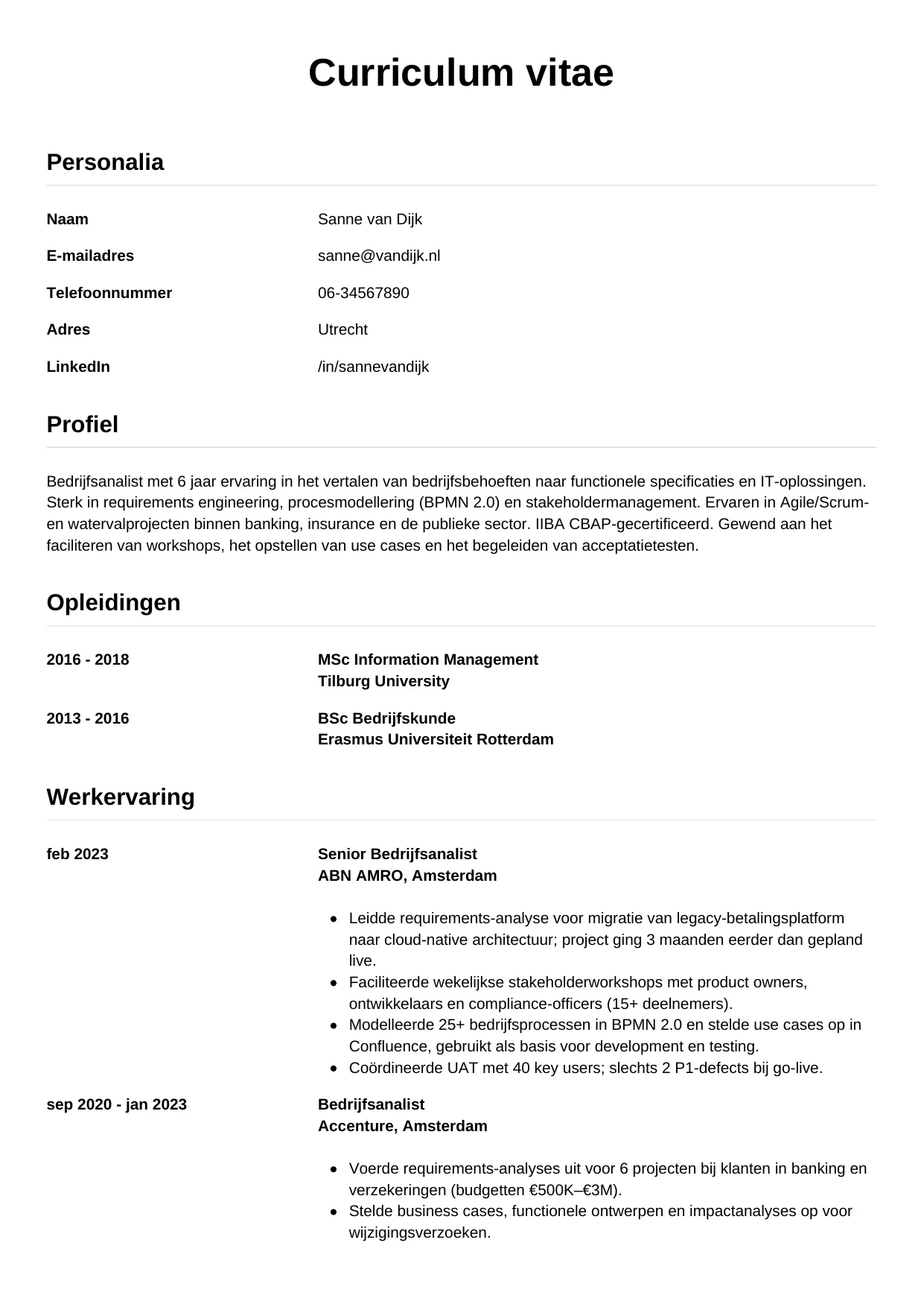 Voorbeeld CV voor bedrijfsanalist in template Simpel. CV Simpel voor bedrijfsanalist