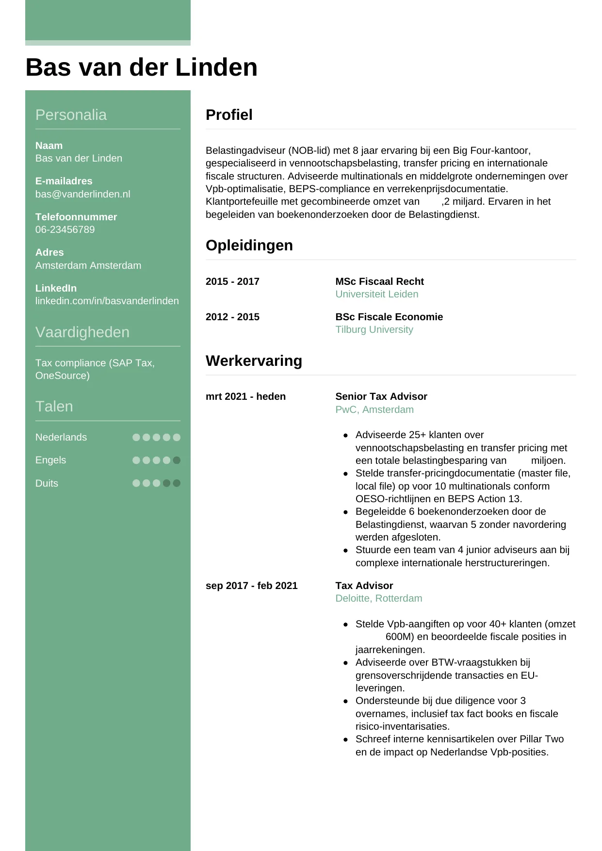 Voorbeeld CV voor belastingadviseur in template Casual. CV Casual voor belastingadviseur