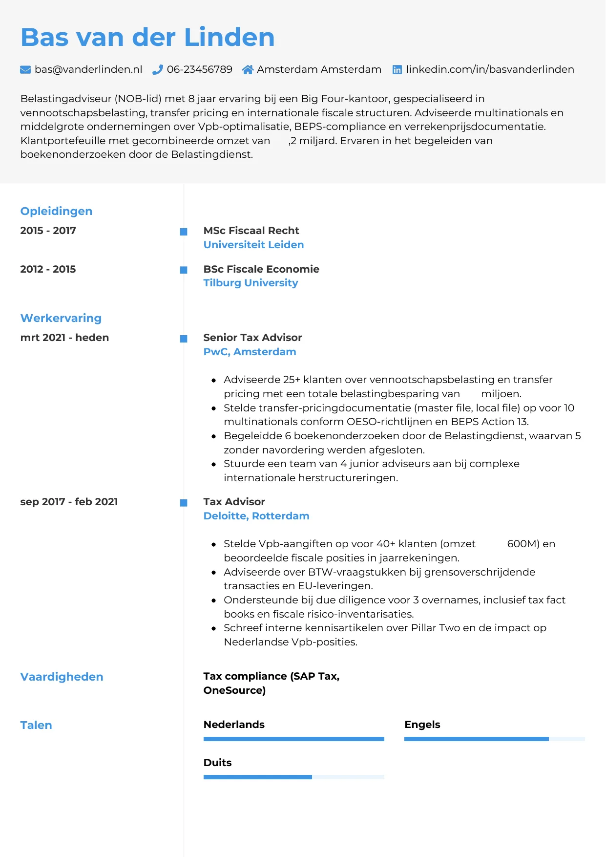 Voorbeeld CV voor belastingadviseur in template Chrono. CV Chrono voor belastingadviseur