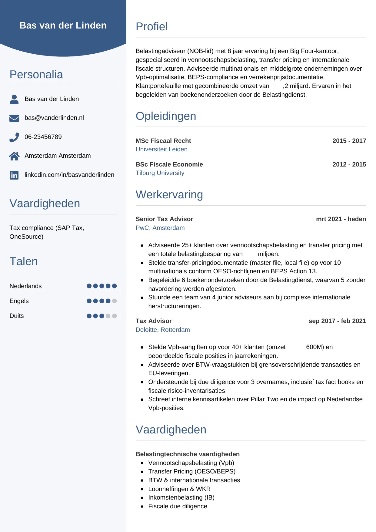 Voorbeeld CV voor belastingadviseur in template Circulair. CV Circulair voor belastingadviseur