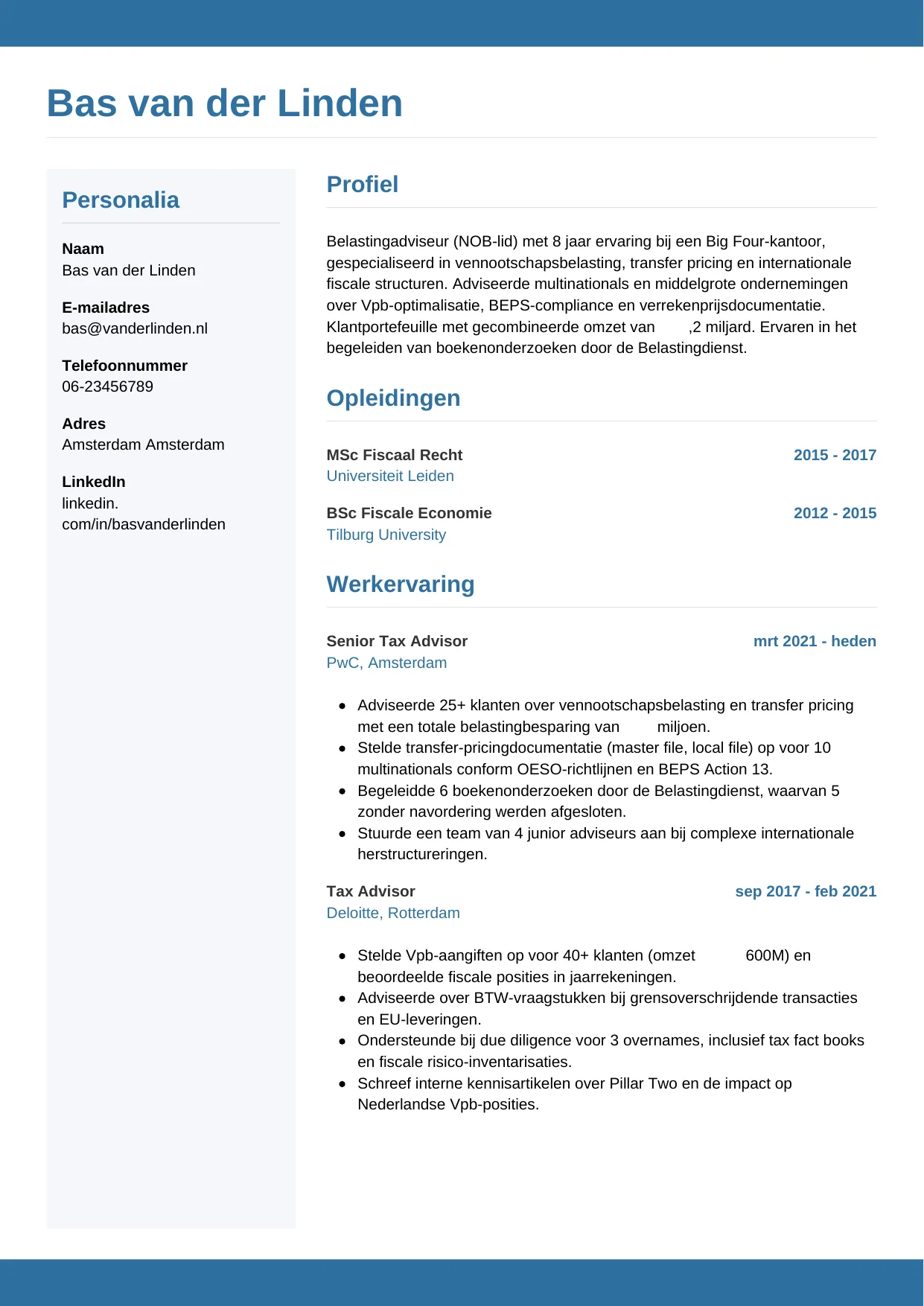 Voorbeeld CV voor belastingadviseur in template Horizontaal. CV Horizontaal voor belastingadviseur