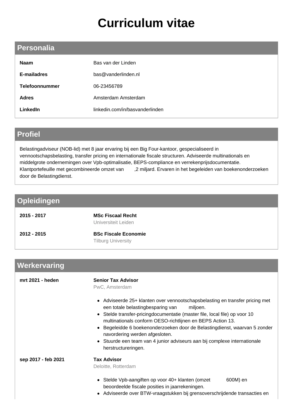 Voorbeeld CV voor belastingadviseur in template Klassiek. CV Klassiek voor belastingadviseur
