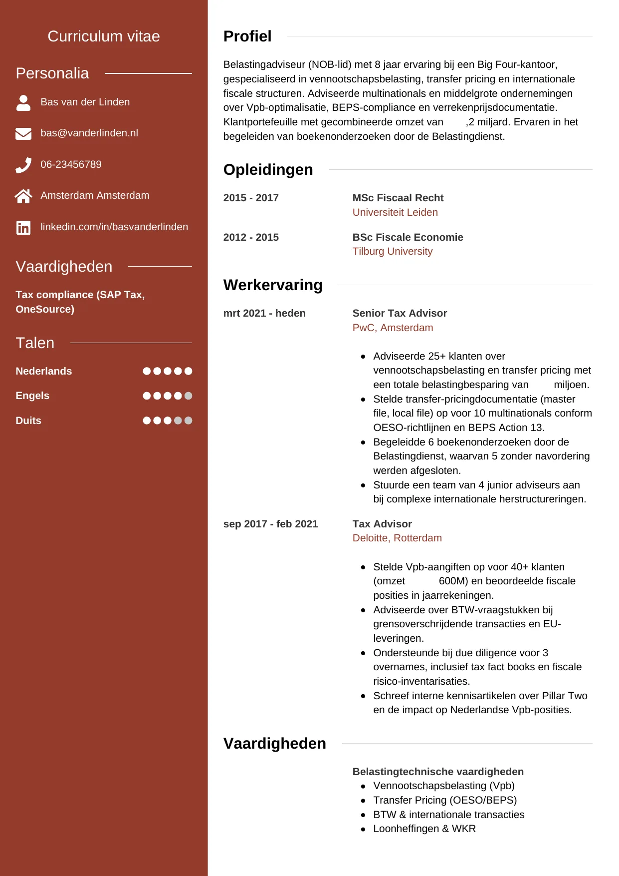 Voorbeeld CV voor belastingadviseur in template Modern. CV Modern voor belastingadviseur