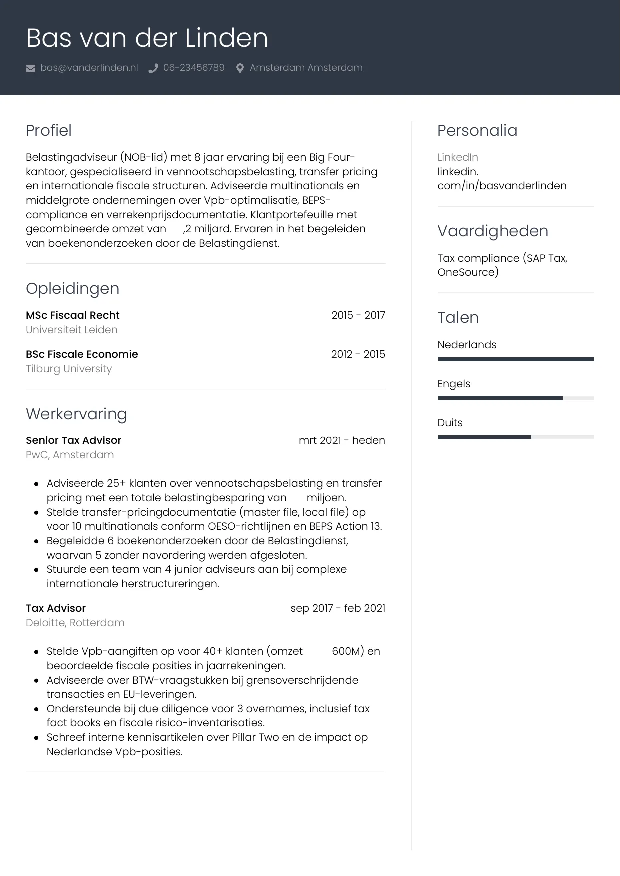 Voorbeeld CV voor belastingadviseur in template Professioneel. CV Professioneel voor belastingadviseur