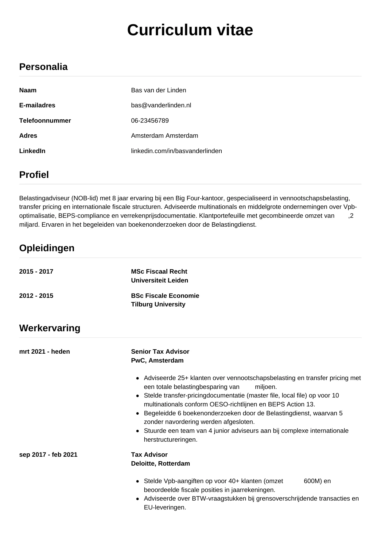 Voorbeeld CV voor belastingadviseur in template Simpel. CV Simpel voor belastingadviseur