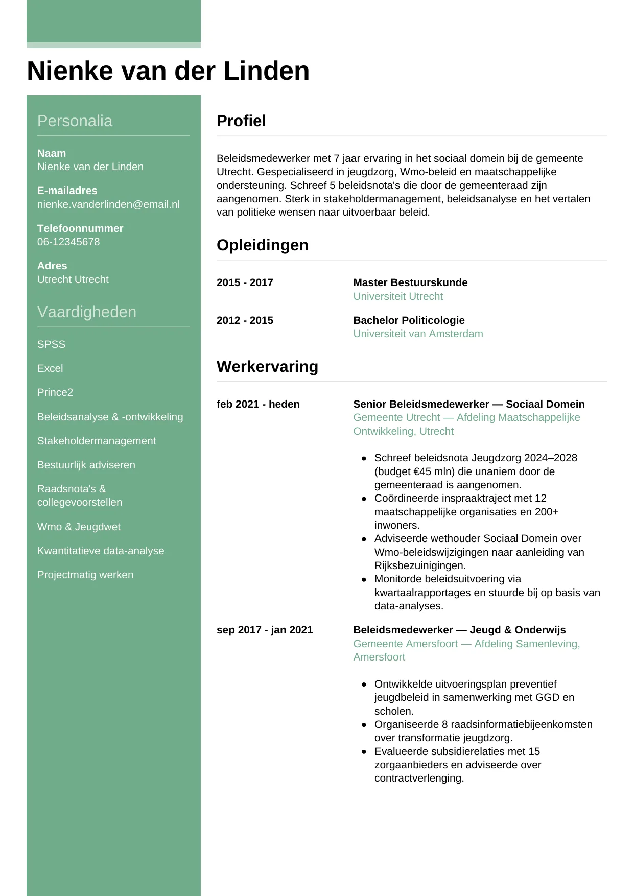Voorbeeld CV voor beleidsmedewerker in template Casual. CV Casual voor beleidsmedewerker