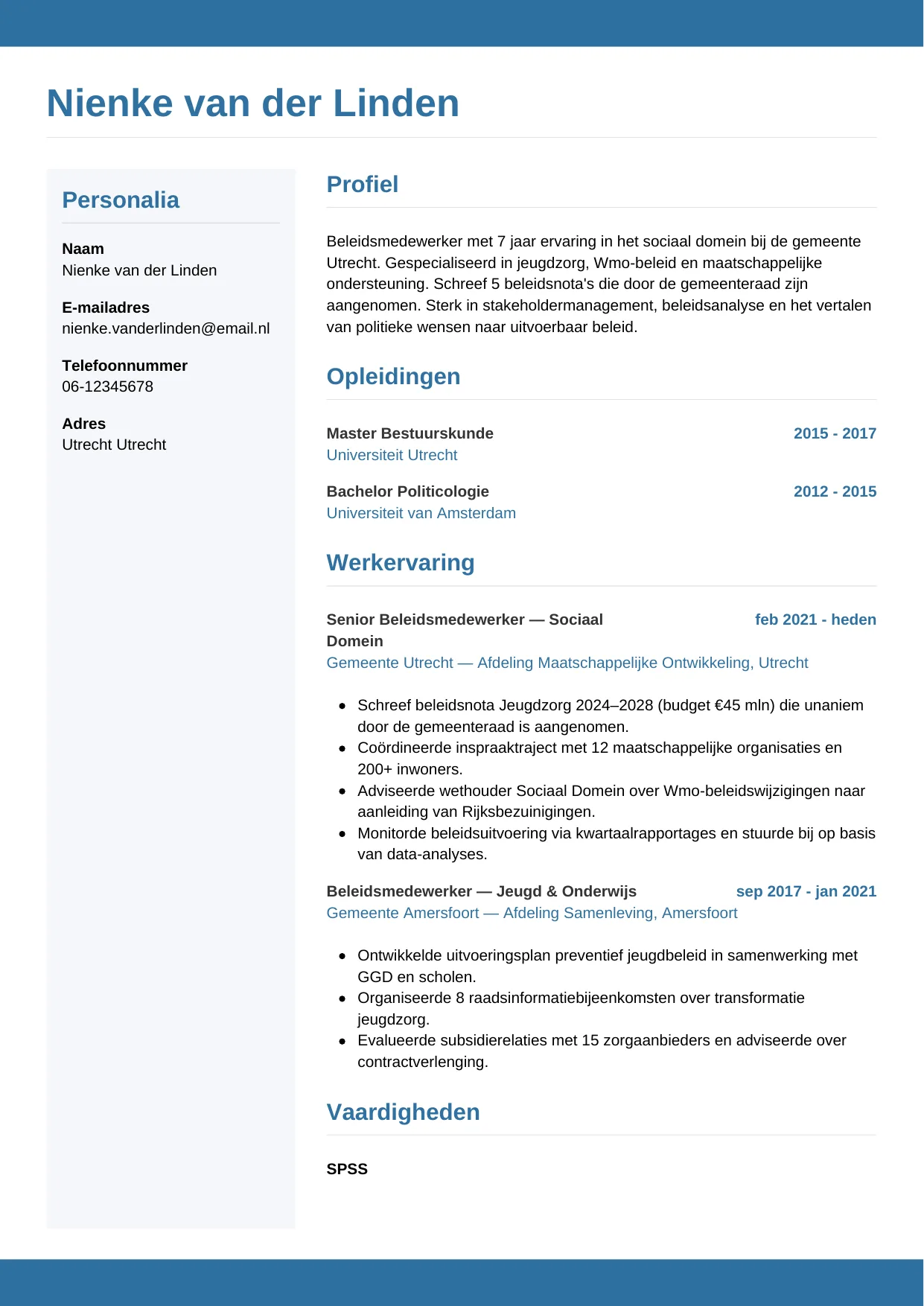 Voorbeeld CV voor beleidsmedewerker in template Horizontaal. CV Horizontaal voor beleidsmedewerker