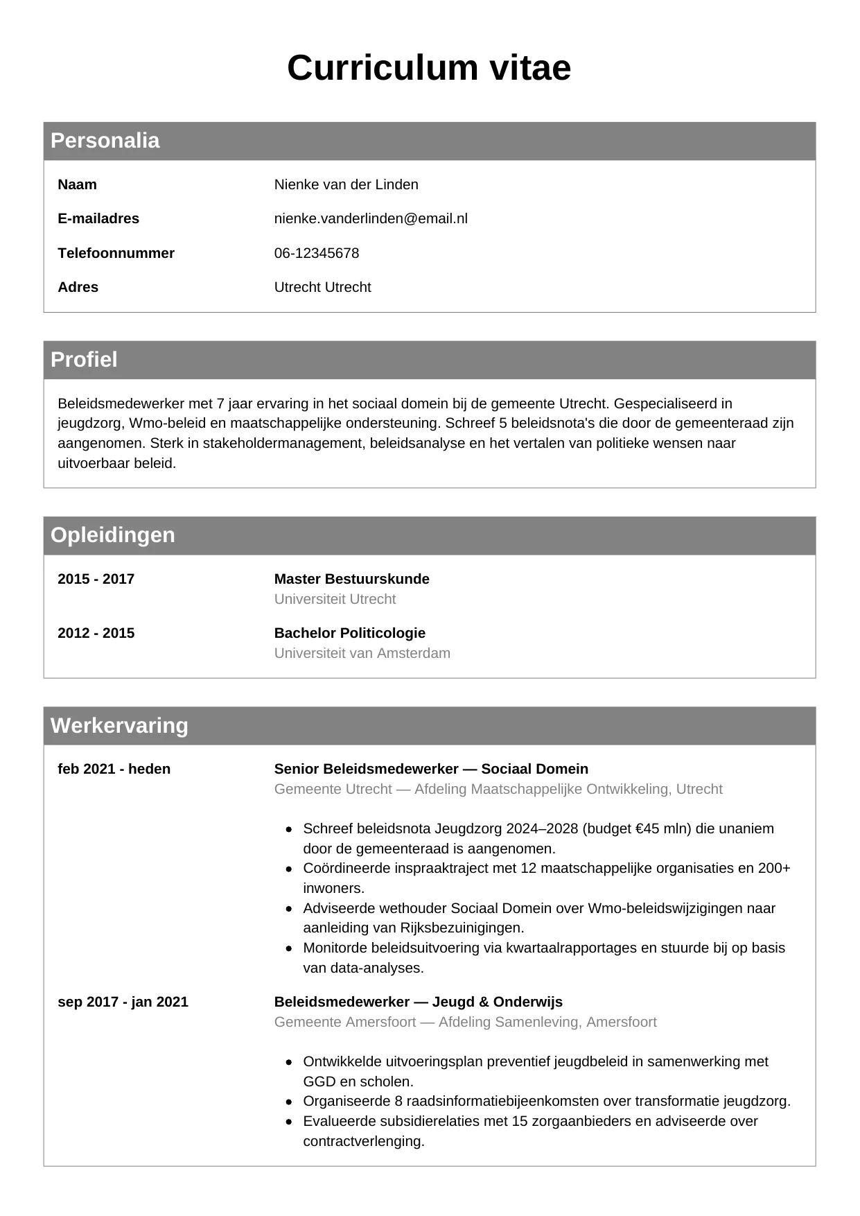 Voorbeeld CV voor beleidsmedewerker in template Klassiek. CV Klassiek voor beleidsmedewerker