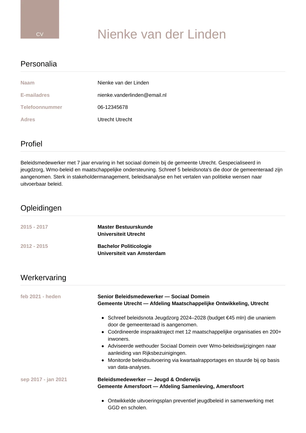 Voorbeeld CV voor beleidsmedewerker in template Luxe. CV Luxe voor beleidsmedewerker