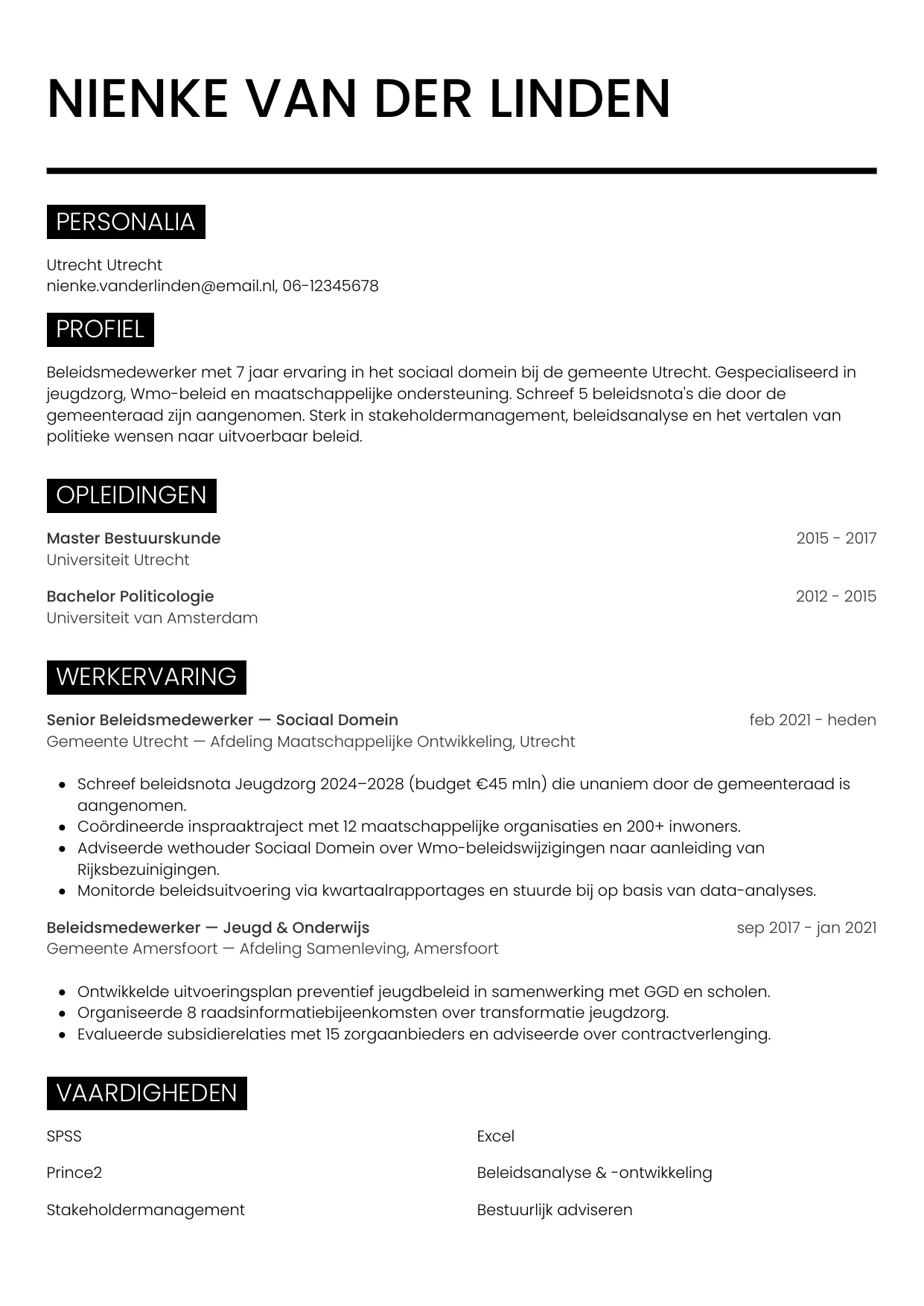 Voorbeeld CV voor beleidsmedewerker in template Metro. CV Metro voor beleidsmedewerker