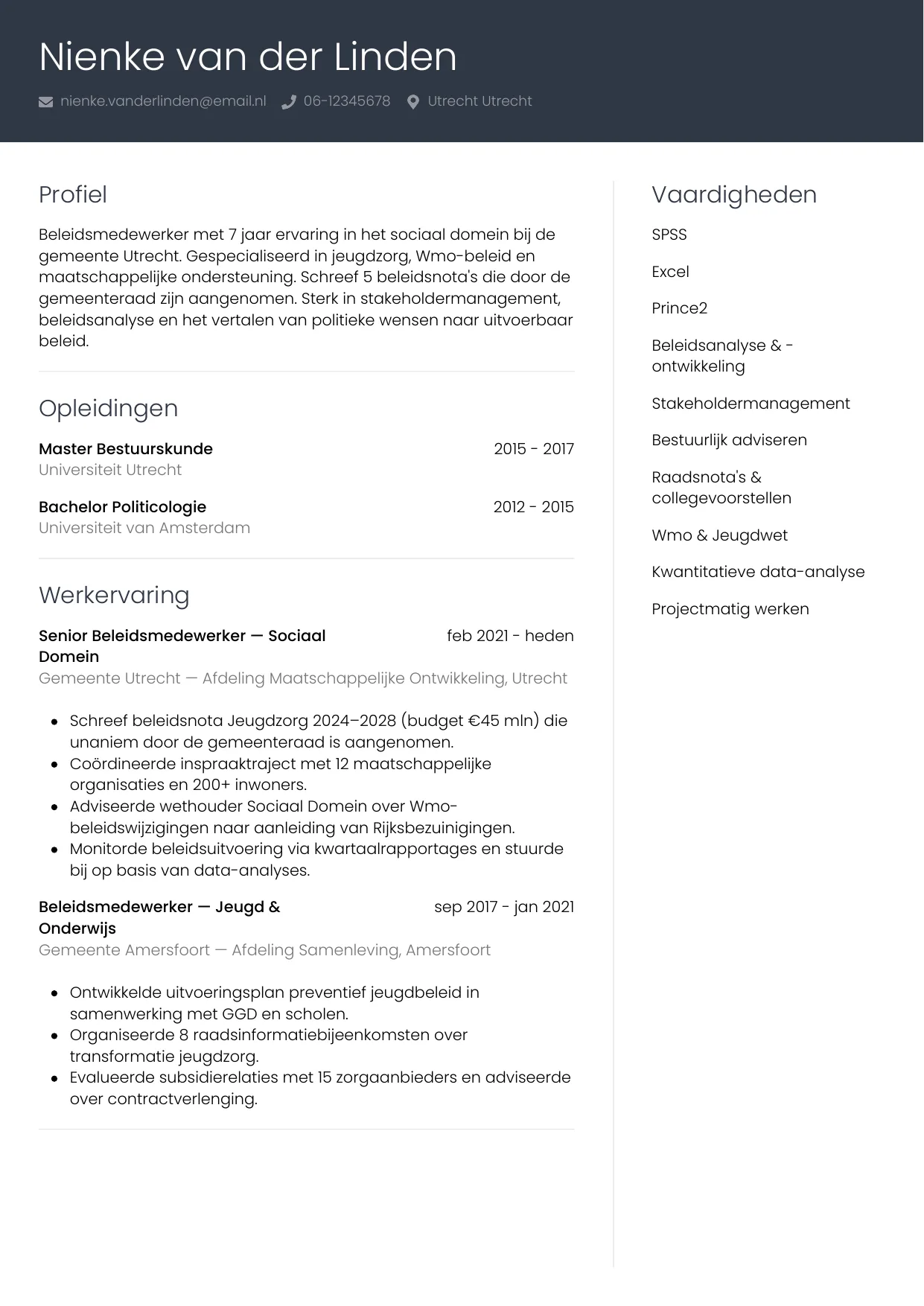 Voorbeeld CV voor beleidsmedewerker in template Professioneel. CV Professioneel voor beleidsmedewerker