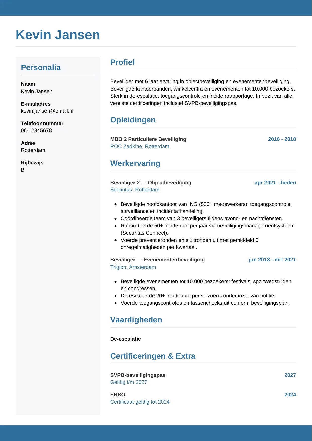 CV Horizontaal voor beveiliger