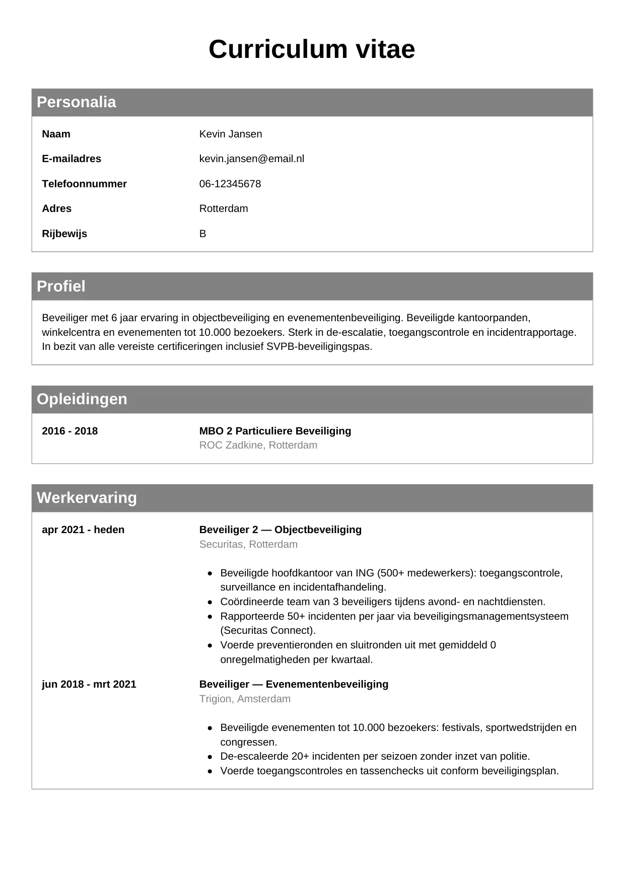 CV Klassiek voor beveiliger